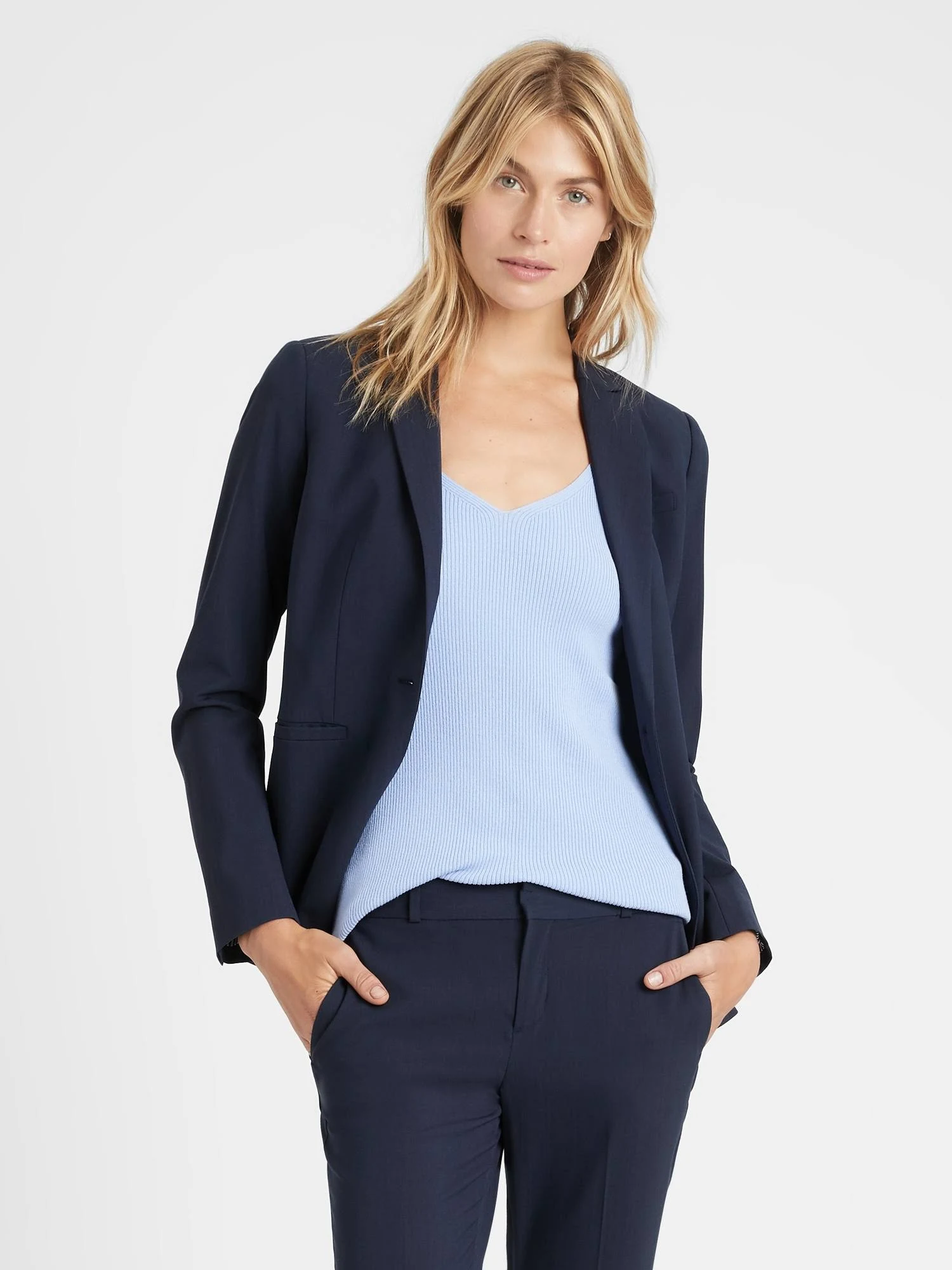 Banana Republic Women's Long & Lean-Fit Washable Wool-Blend Blazer Navy Blue Size 18