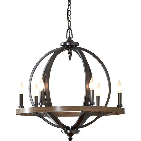 Bender 6 - Light Candle Style Wagon Wheel Chandelier with Wood Accents - Polished Nickel