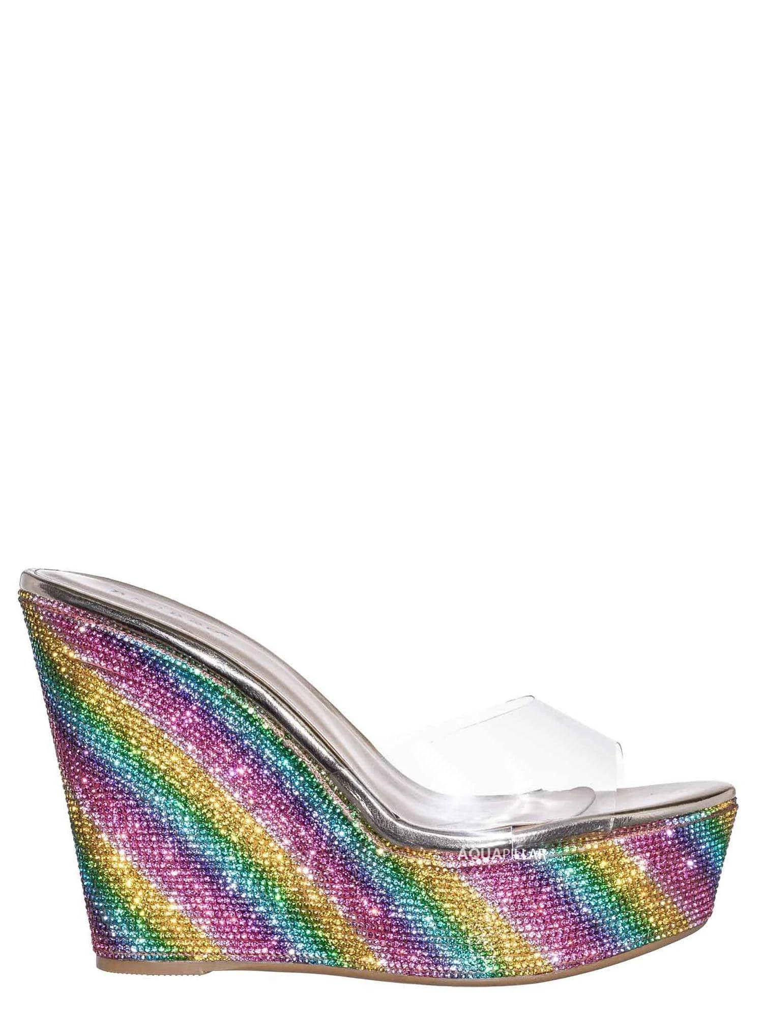 Bamboo Lucite Rhinestone Platform Wedge - Clear Transparent Slipper Sandal, Rainbow