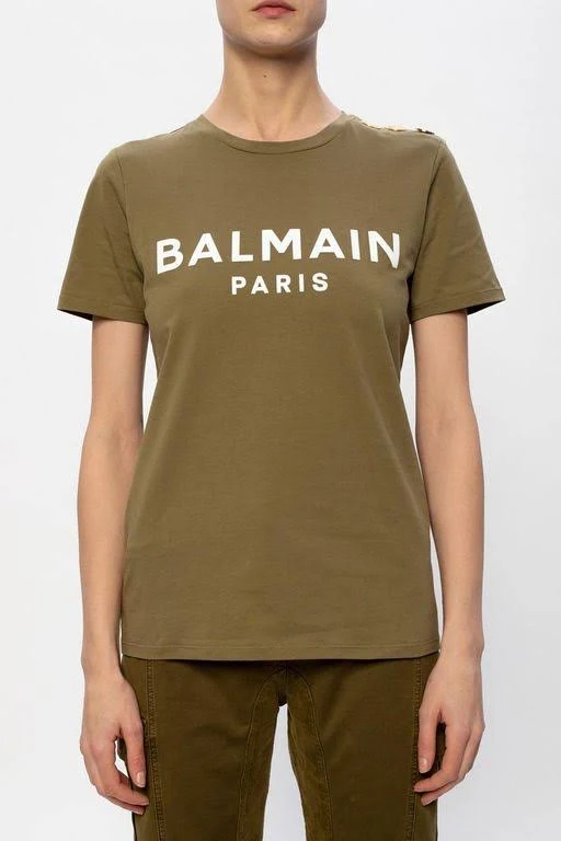 Balmain 3-Button Flocked Logo T-Shirt, Khaki, Women's, XL