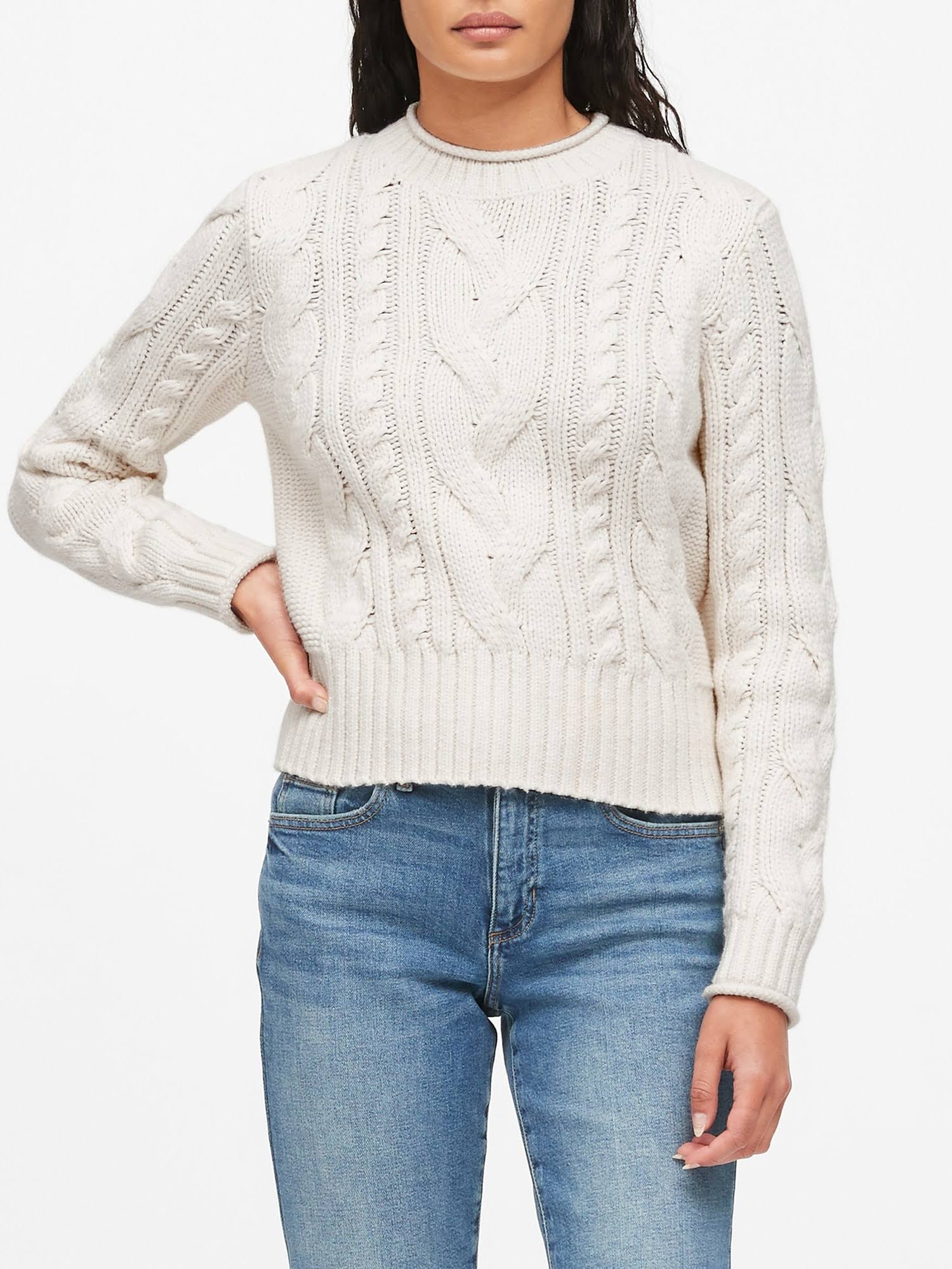 Banana Republic Women's Cable-Knit Cropped Sweater Ivory White Size XXL