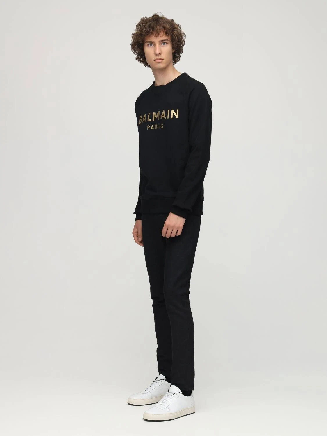 Balmain | Men Logo Print Cotton Jersey Sweatshirt Black/Gold Xs