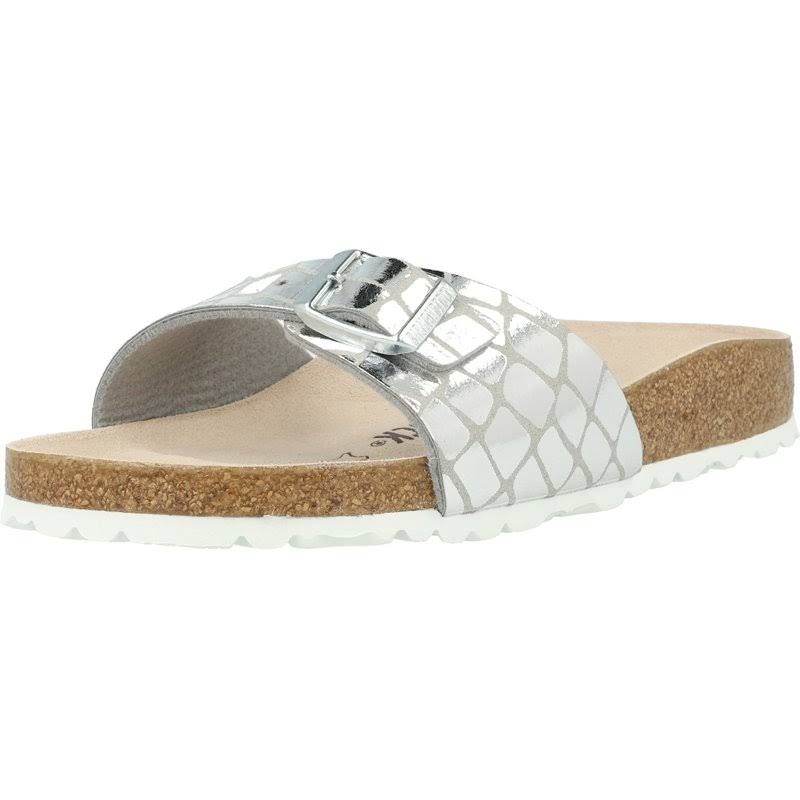 Birkenstock Madrid Gator Gleam Silver Microfiber Adult Slides Sandals