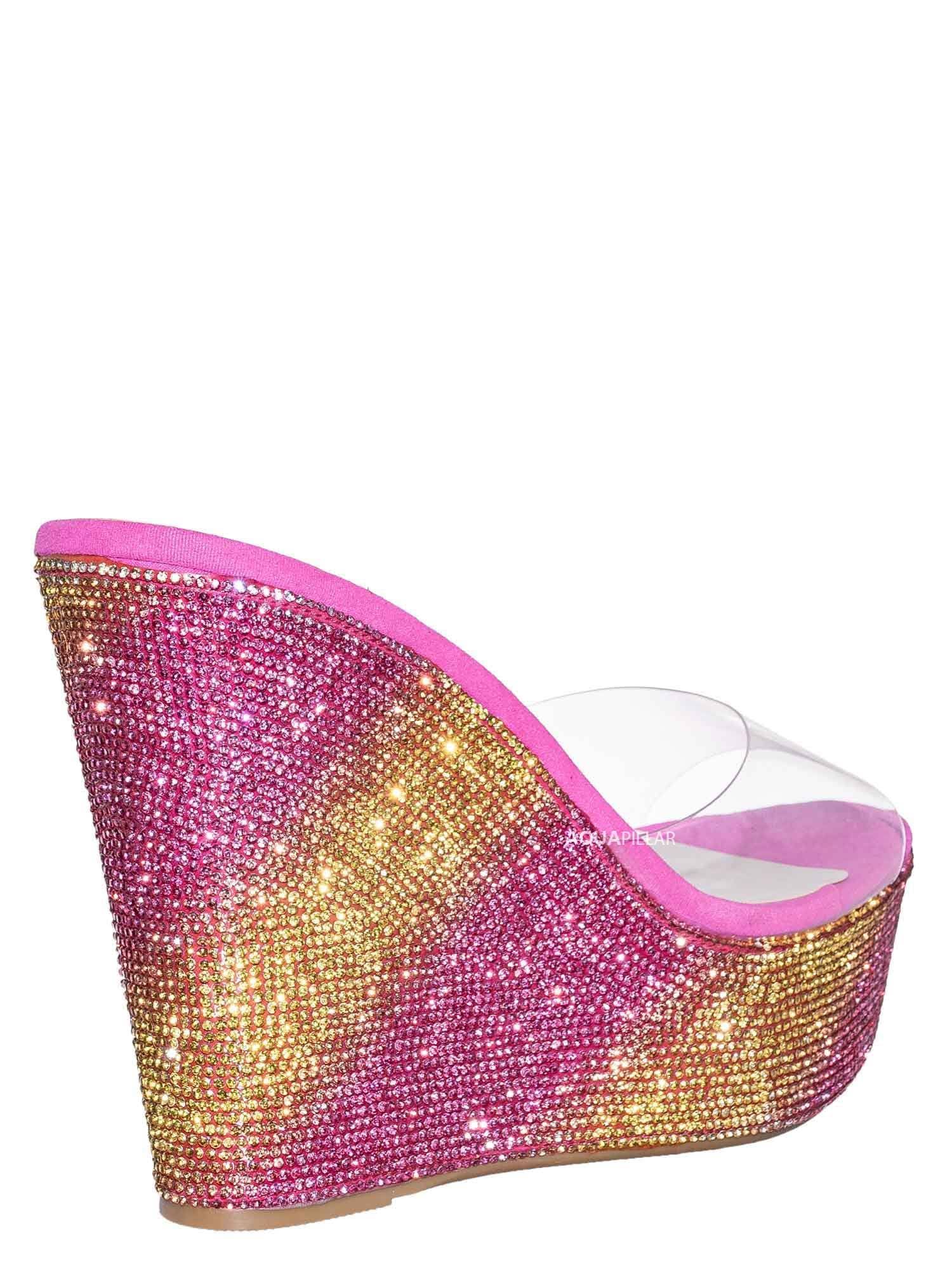 Bamboo Lucite Rhinestone Platform Wedge - Clear Transparent Slipper Sandal, Pink and Yellow