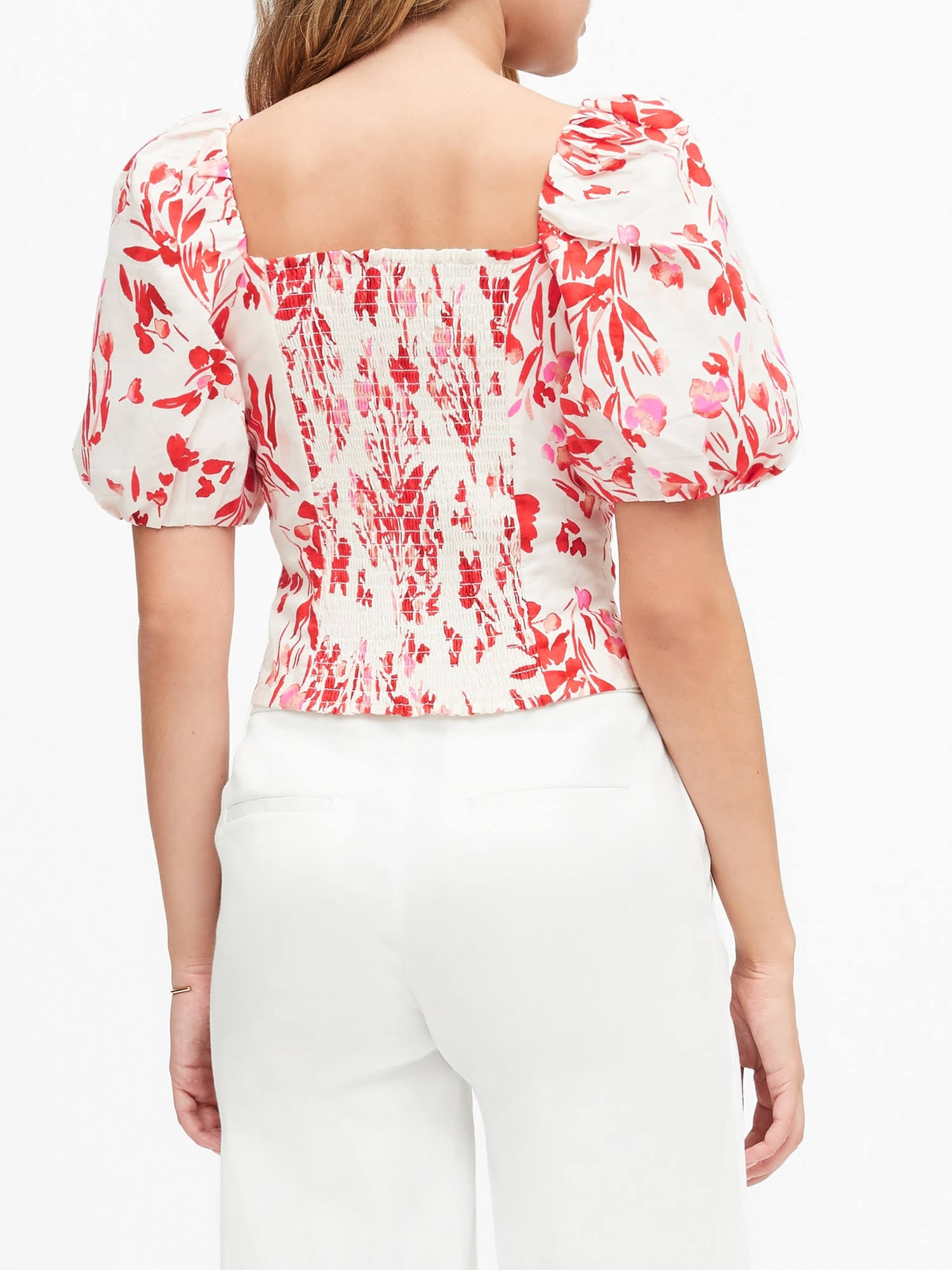 Banana Republic Women's Puff-Sleeve Cropped Top Red Floral Size L