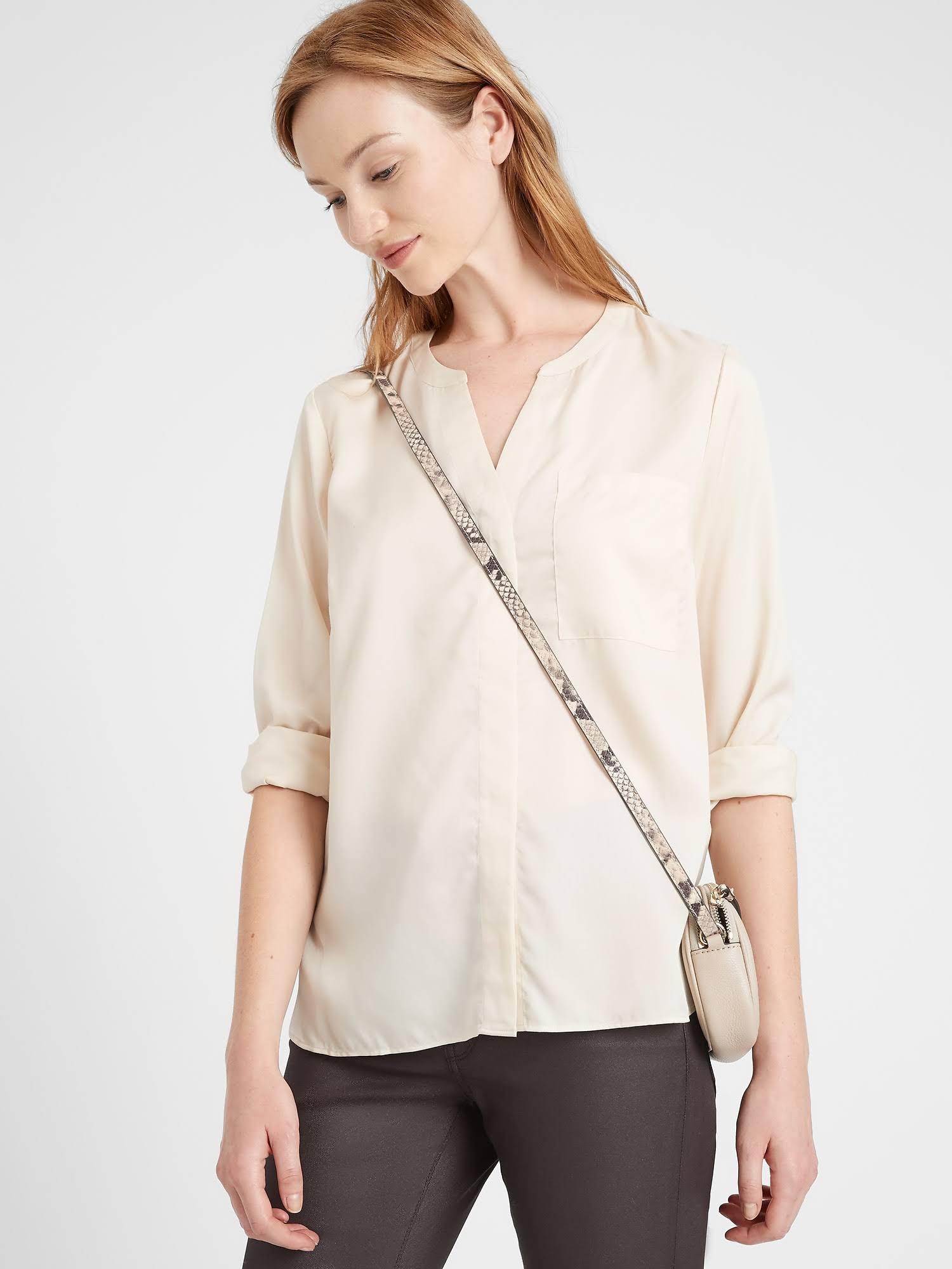 Banana Republic Women's Banded Collar Shirt Light Almond Beige Size S