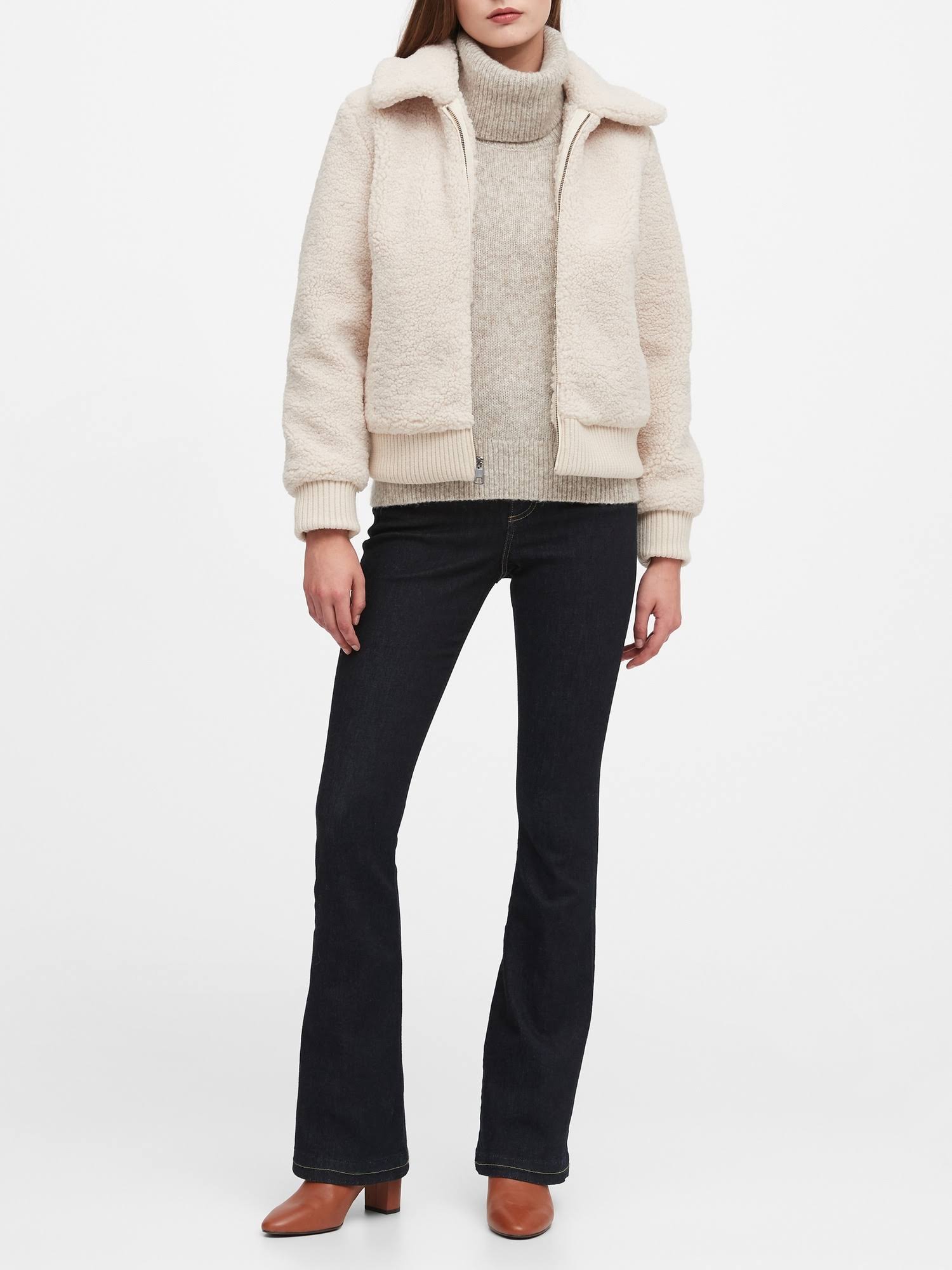 Banana Republic Women's Petite Sherpa Bomber Jacket Off White Petite Size L