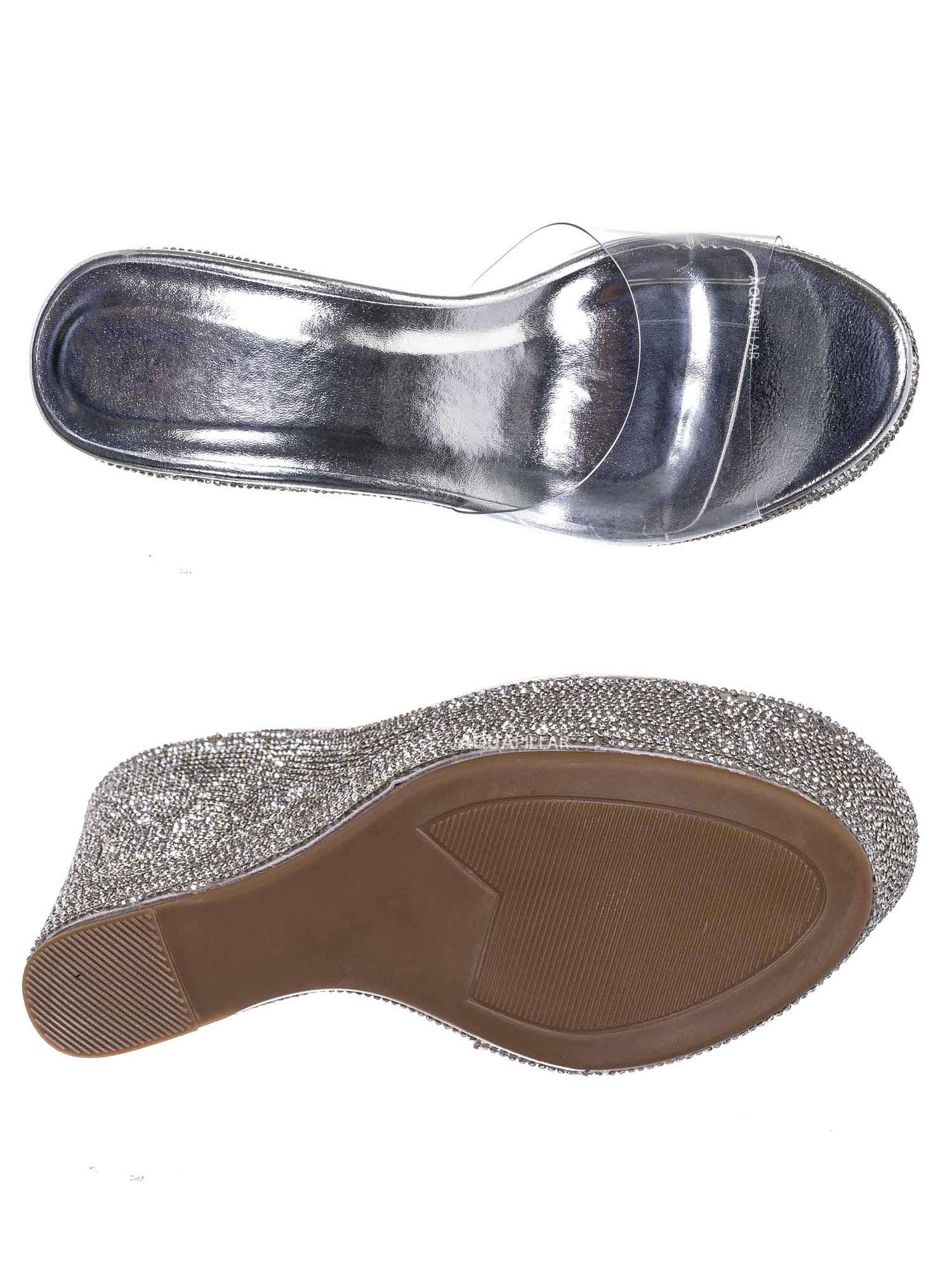 Bamboo Lucite Rhinestone Platform Wedge - Clear Transparent Slipper Sandal, Clear Silver