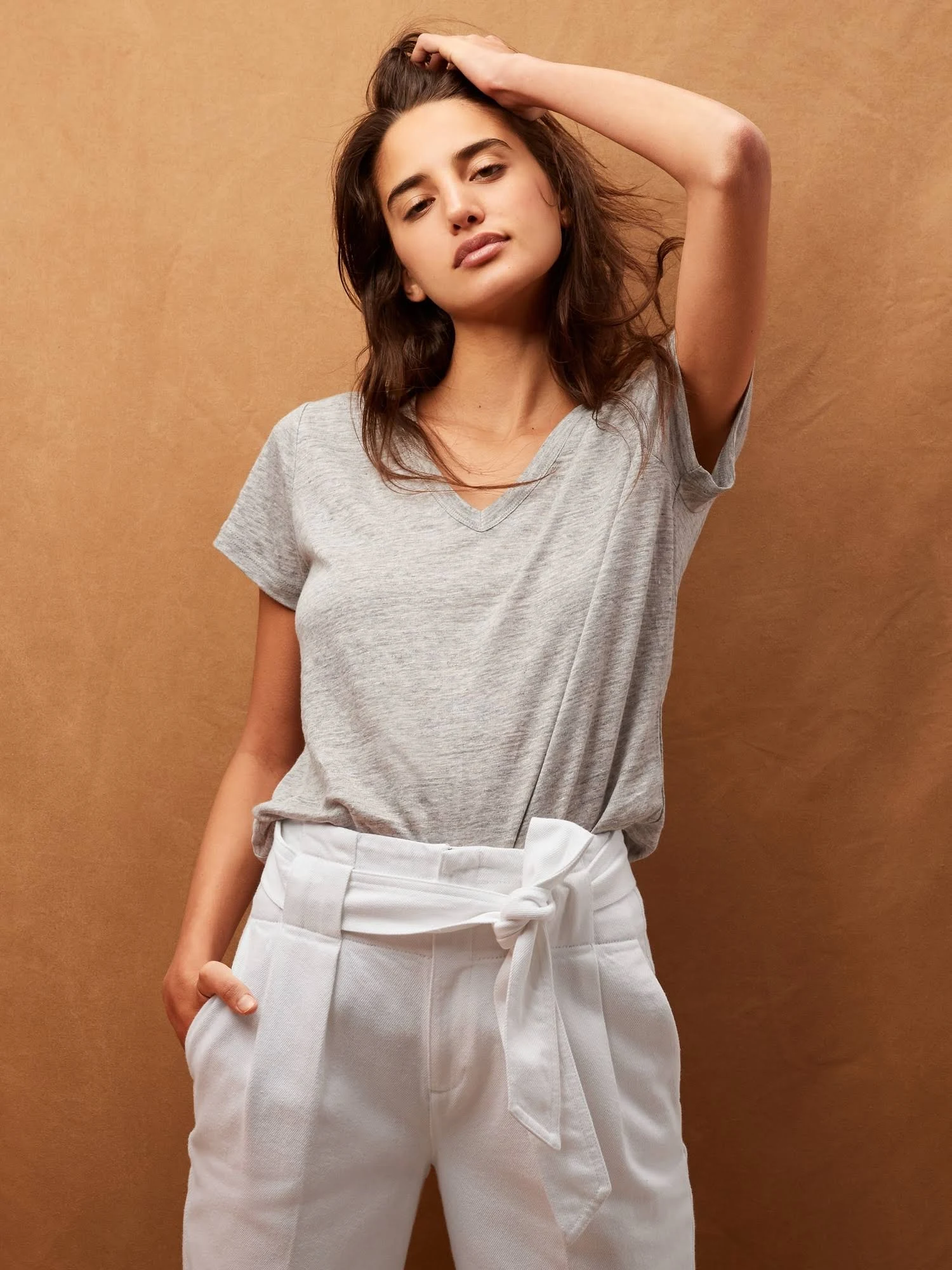 Banana Republic Women's Linen V-Neck T-Shirt Light Gray Heather Size Xxs