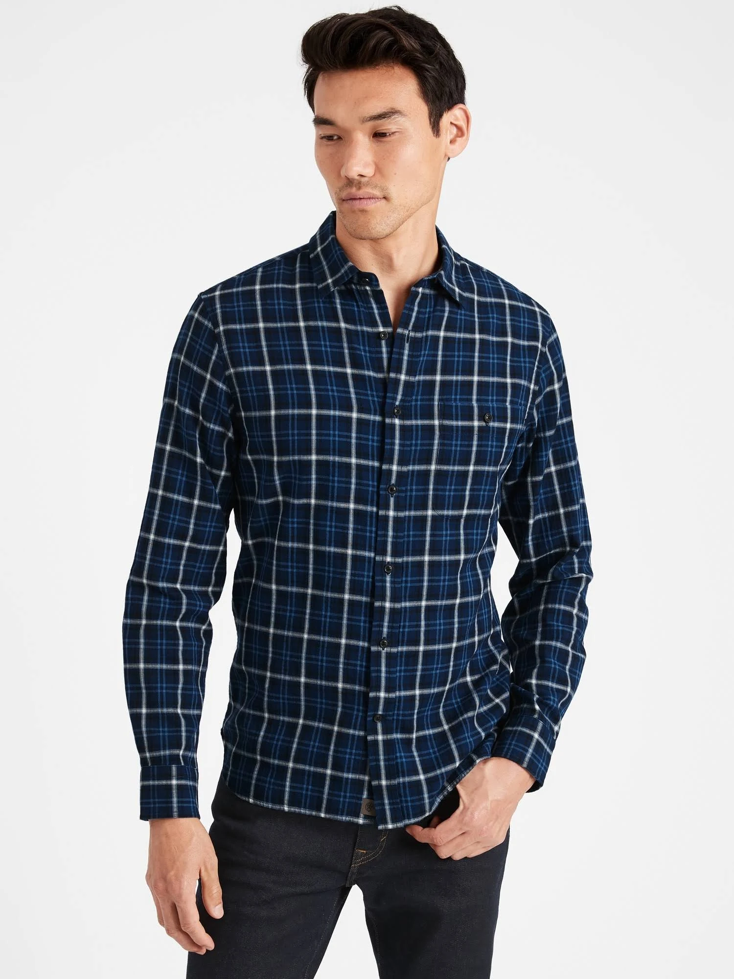 Banana Republic Men's Untucked Slim-Fit Crinkle Flannel Shirt Navy Plaid Tall Size L