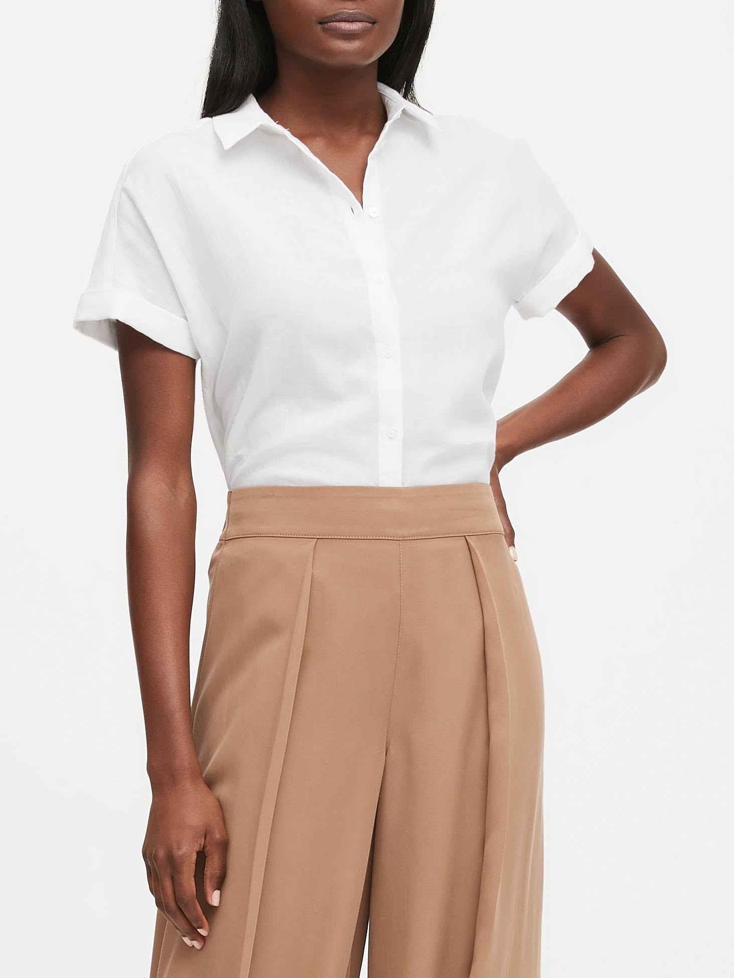 Banana Republic Women's Cotton Gauze Roll-Cuff Shirt Pure White Size L