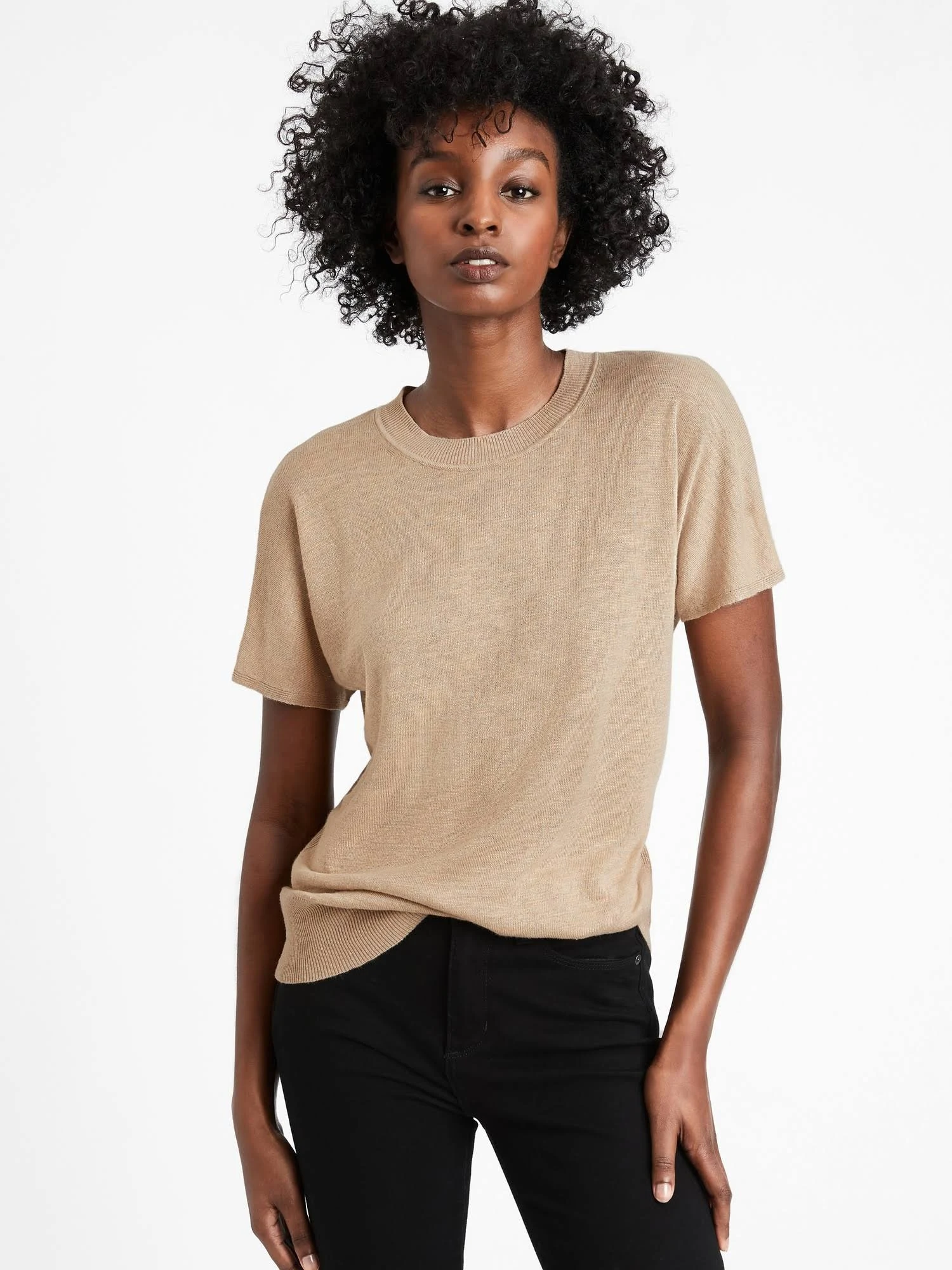 Banana Republic Women's Linen-Blend Short-Sleeve Sweater Cool Beige Size S