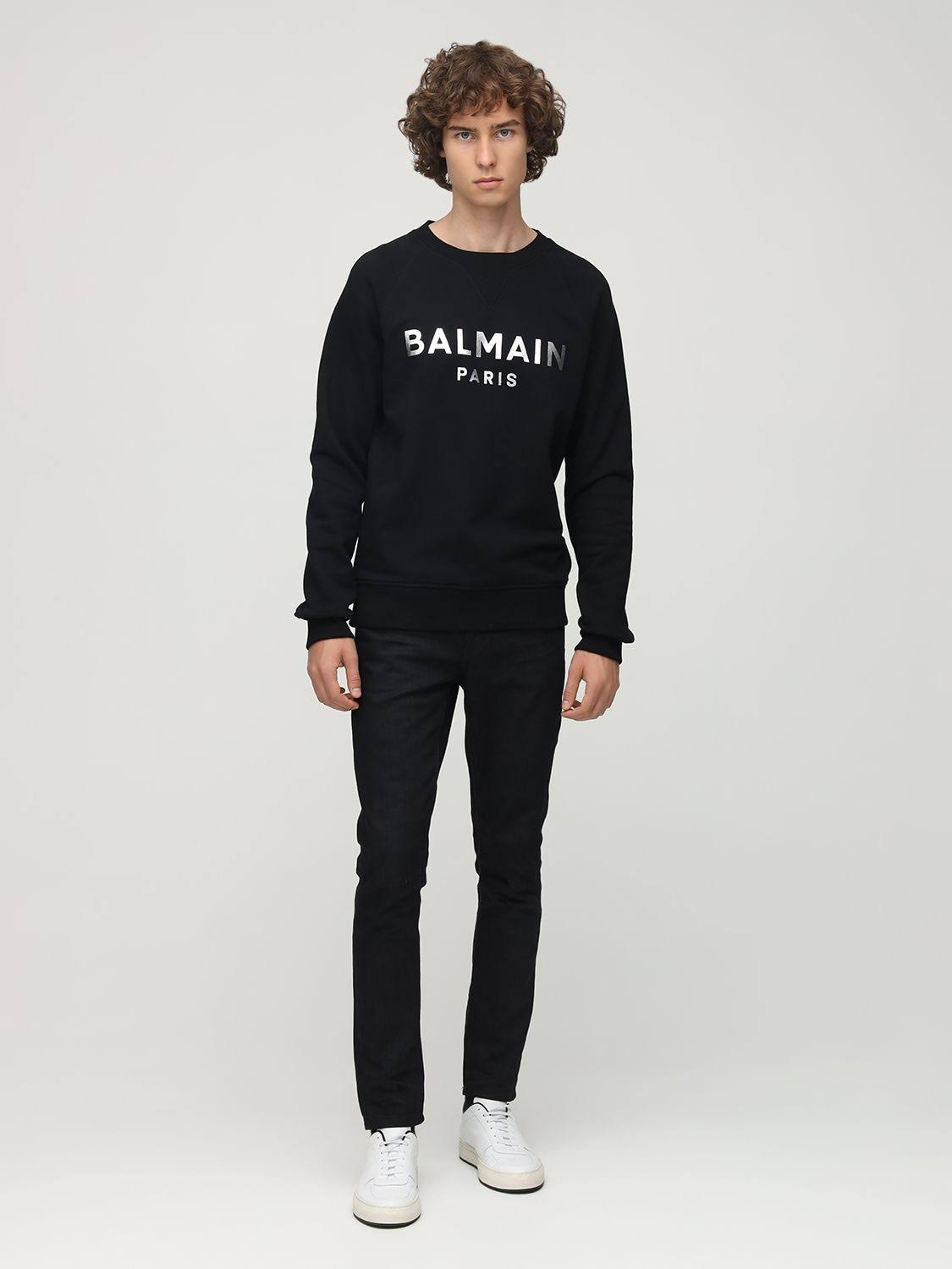 Balmain Cotton Sweatshirt with Laminated Logo