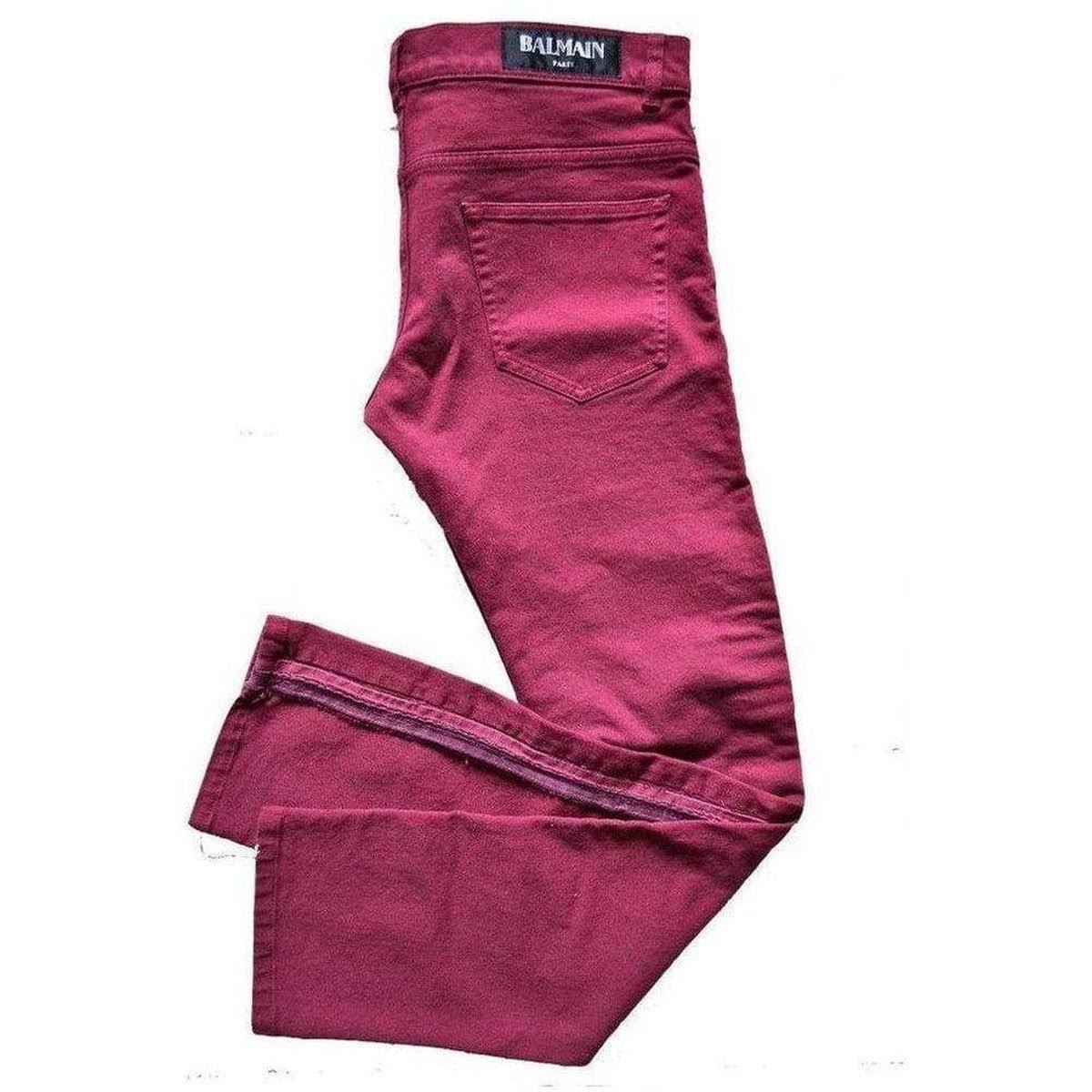 Balmain Burgundy Embroidered Trimming Slim Stretch Jeans - FR 32 / Red / Cotton