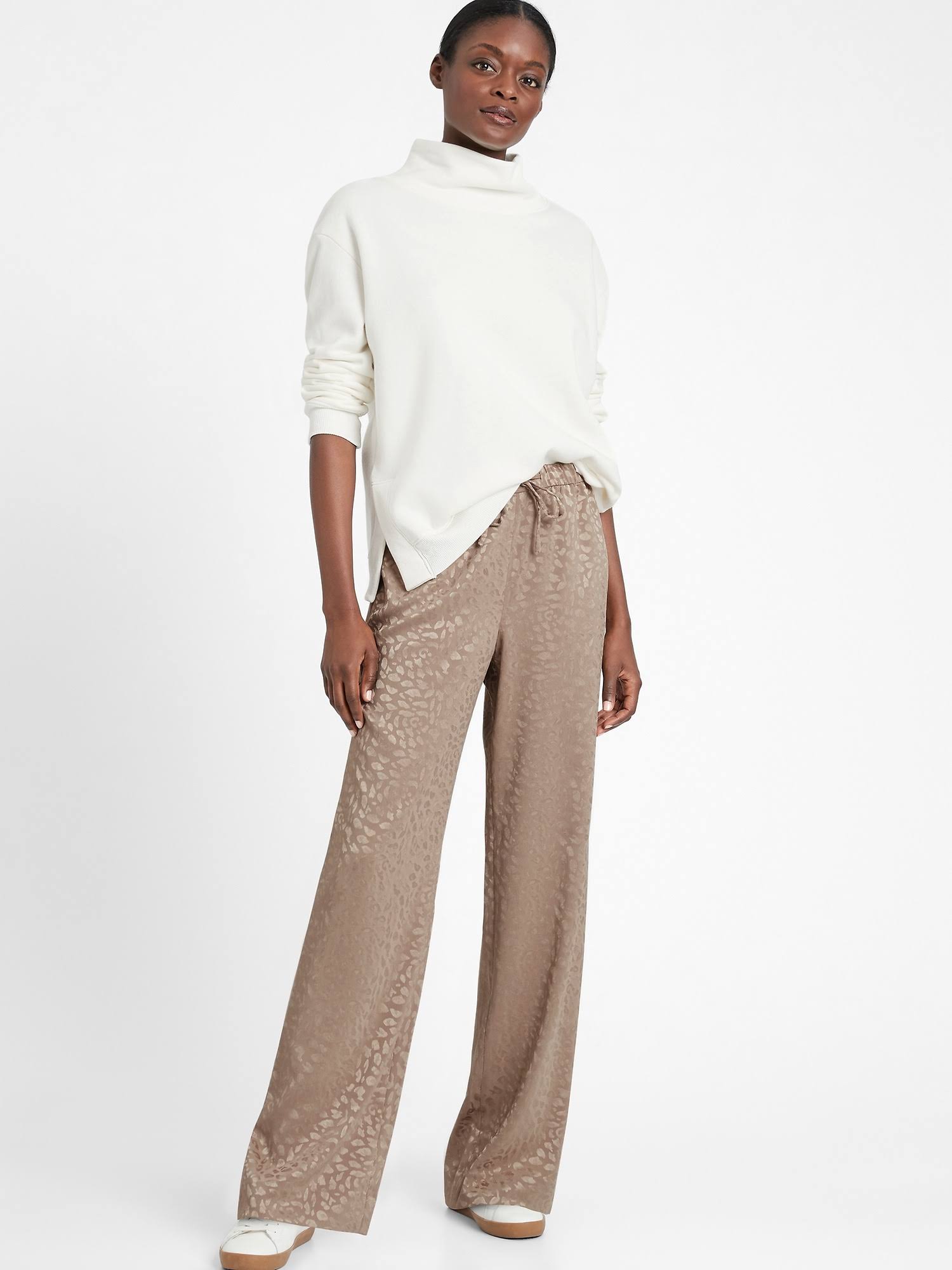 Banana Republic Women's Wide-Leg Satin Pull-On Pant Leopard Print Fresh Taupe Size XXL