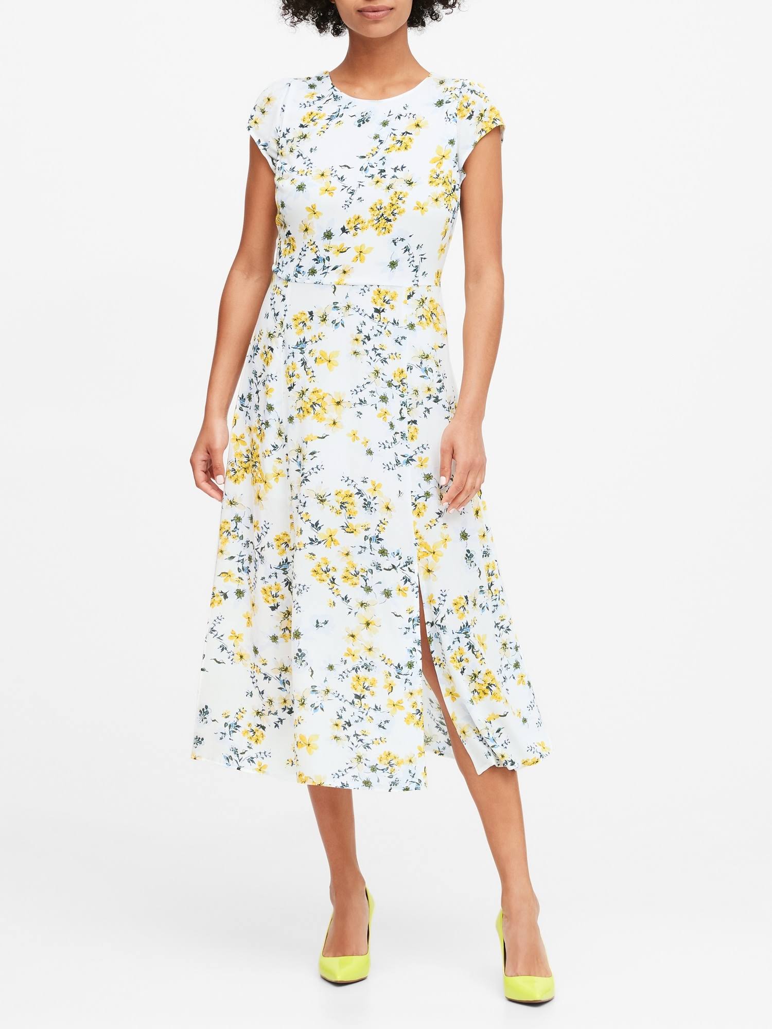 Banana Republic Women's Ecovero Midi Dress White Romantic Floral Size 0