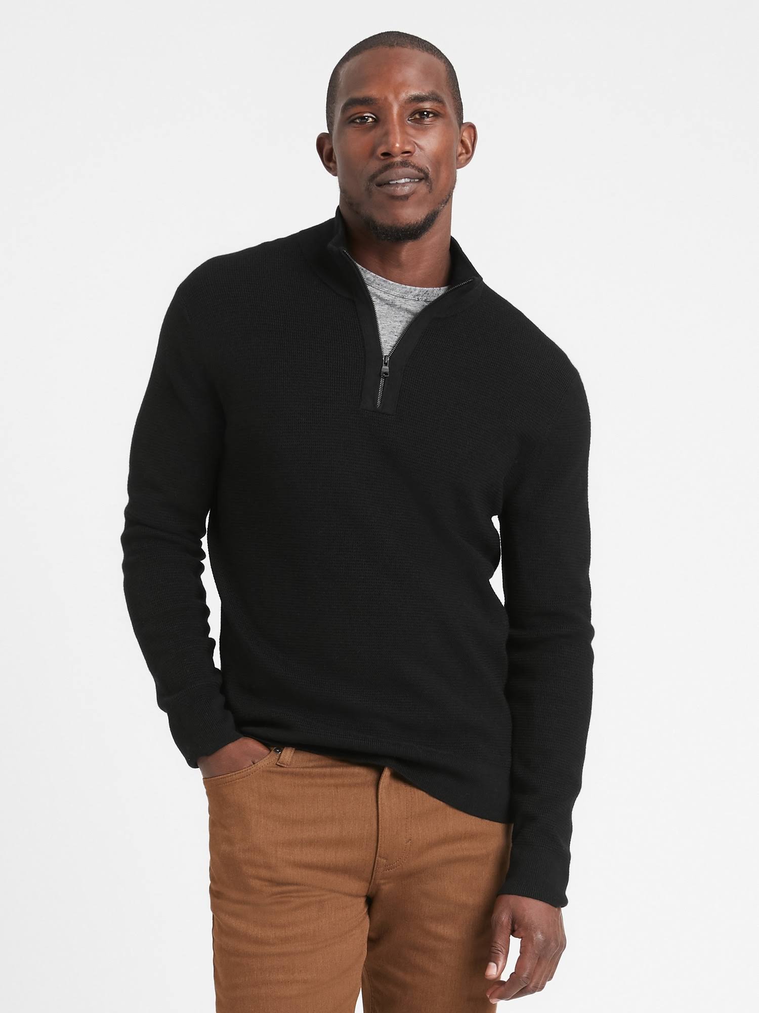 Banana Republic Men's Merino Waffle-Knit Half-Zip Sweater Black Size S