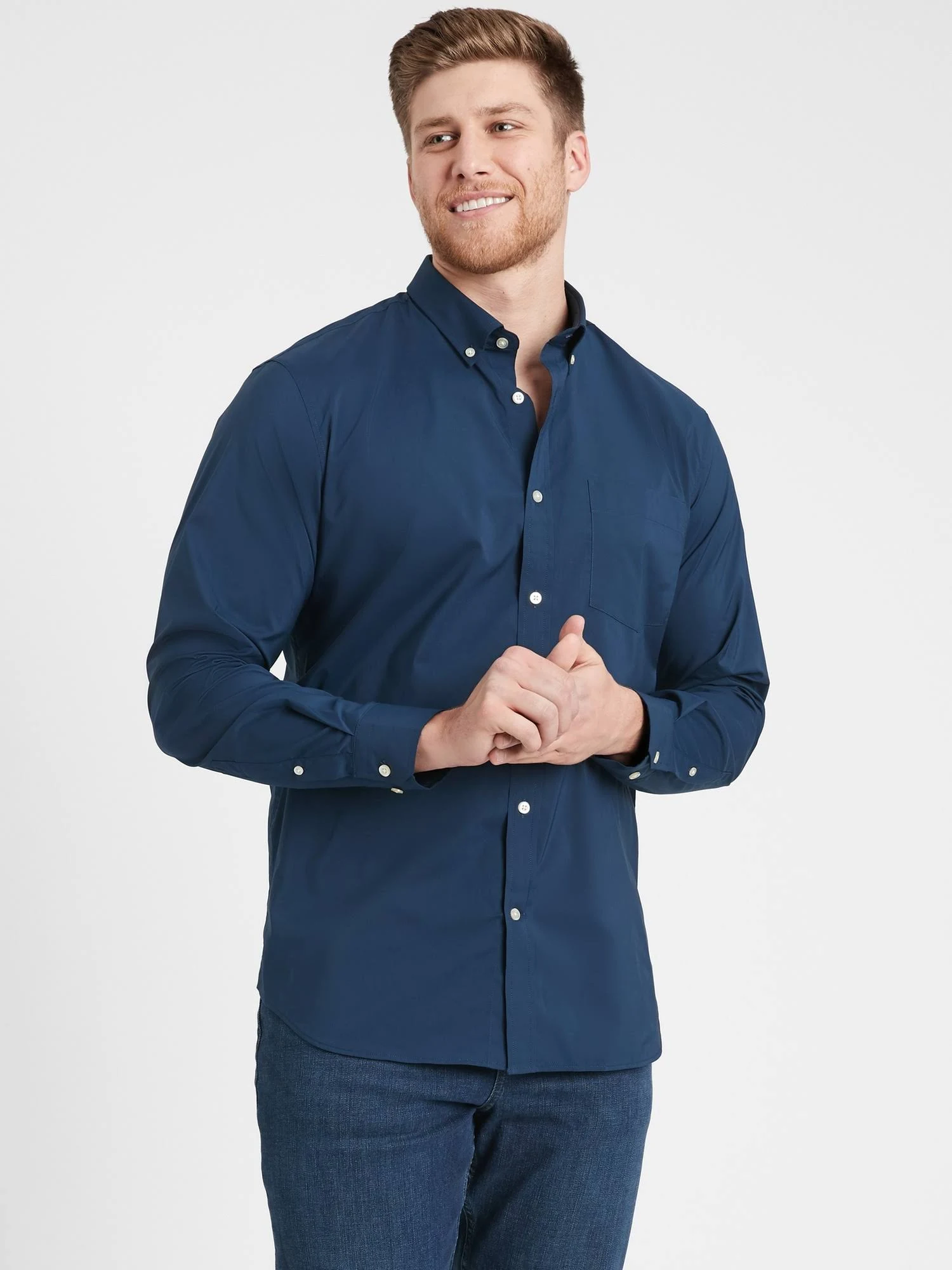 Banana Republic Men's Slim-Fit Tech-Stretch Cotton Shirt True Navy Blue Size Xxs