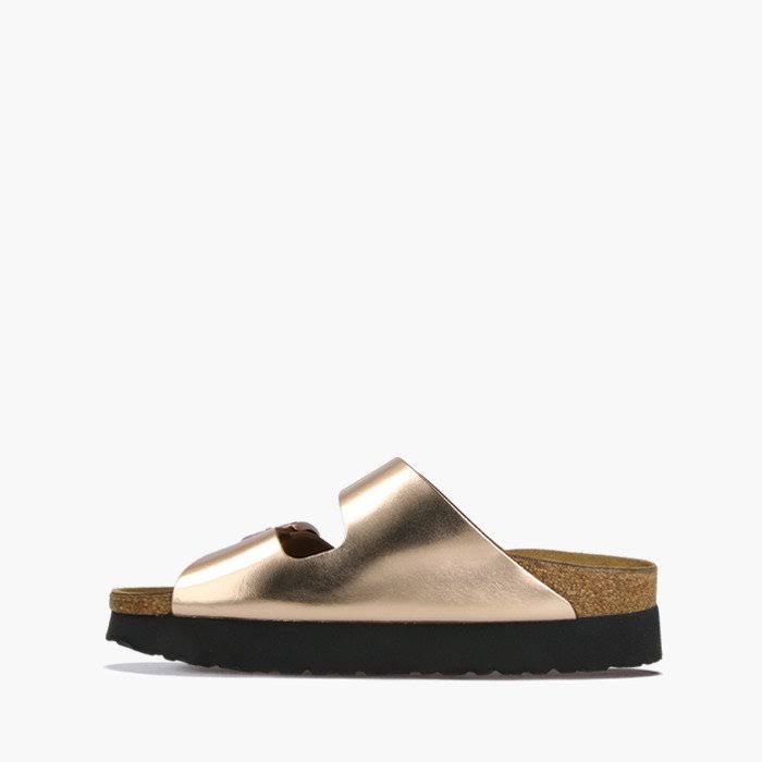 BIRKENSTOCK Arizona Natural Leather Metallic Copper Platform Two-Strap Sandals