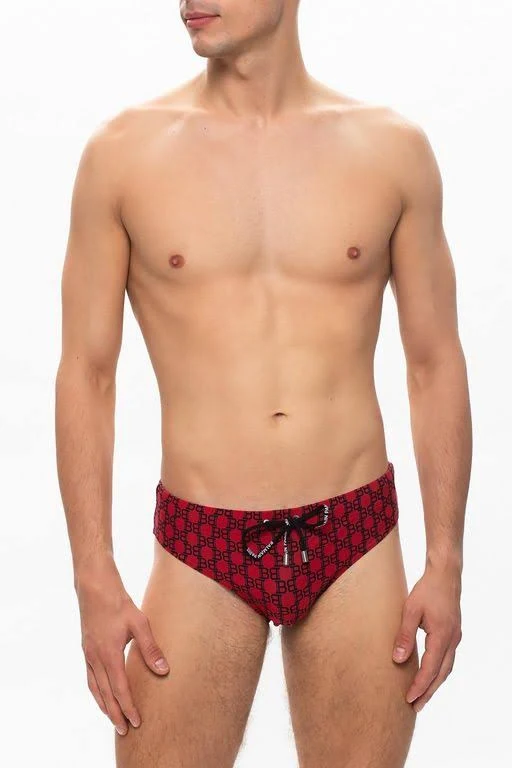 Balmain Patterned Swim Briefs with Logo - Red - Trunks