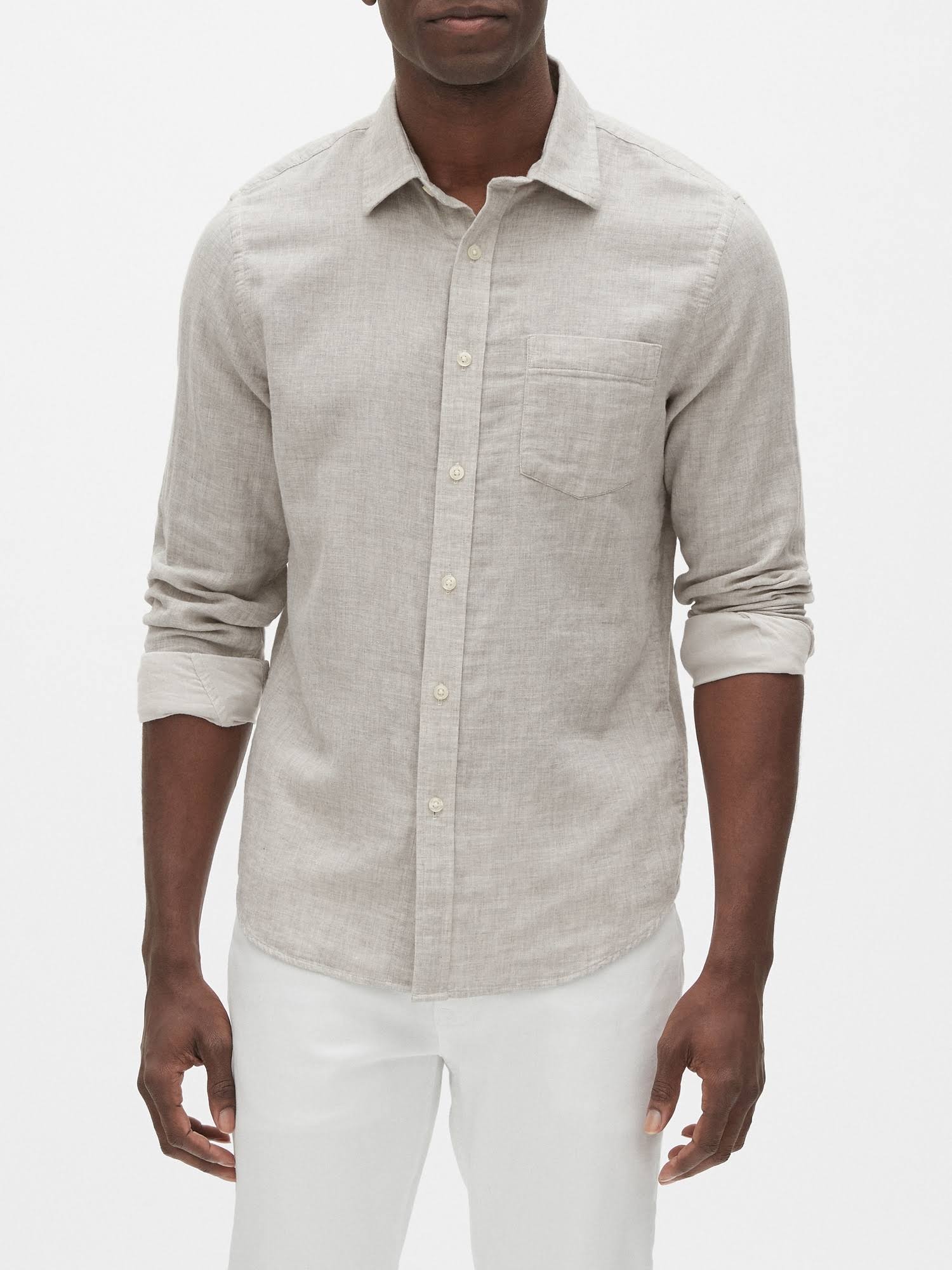 Banana Republic Factory Men's Slim-Fit Untucked Double-Weave Shirt Light Grey Regular Size M