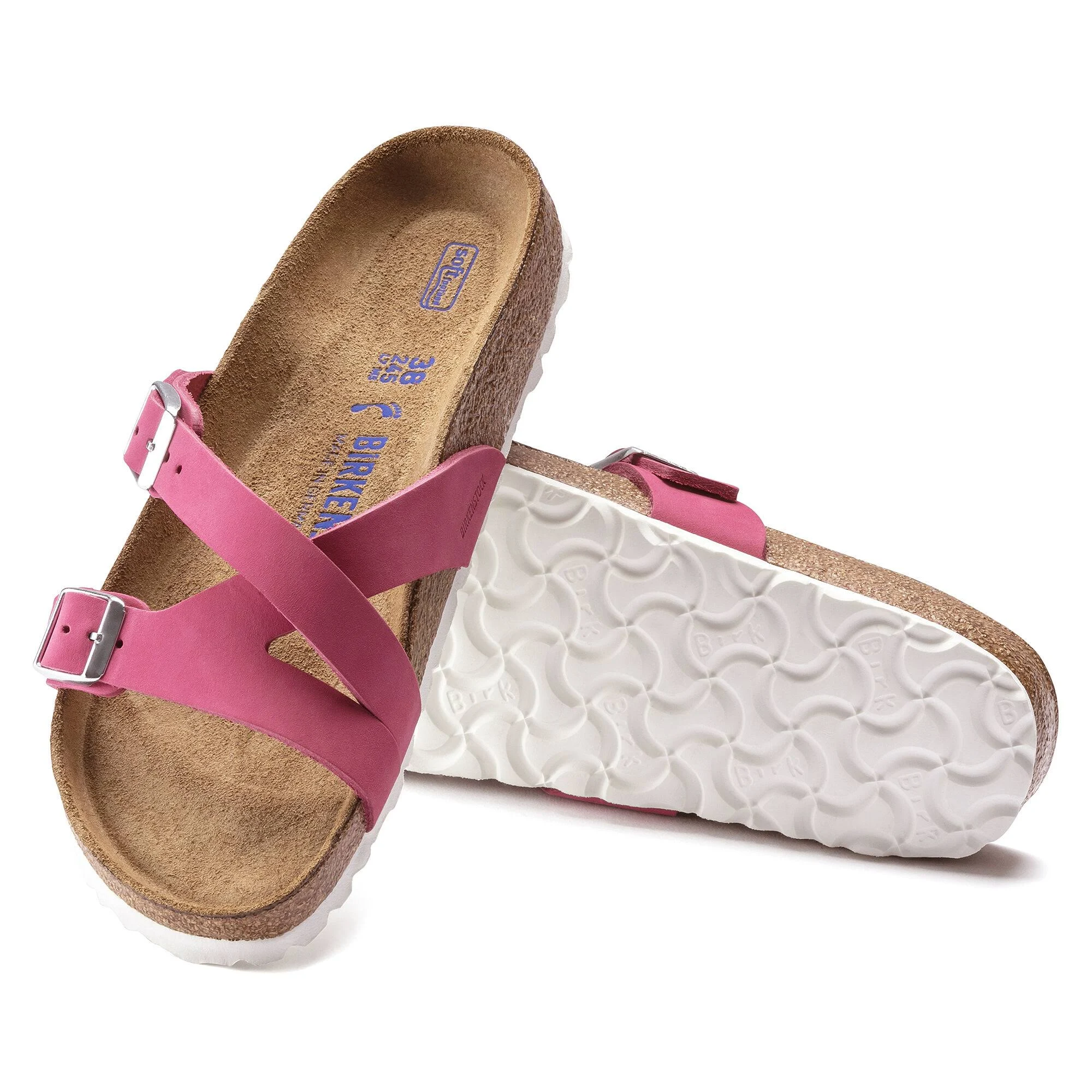 Birkenstock Yao Balance Fuchsia Tulip Nubuck Leather Cross Strap Mules