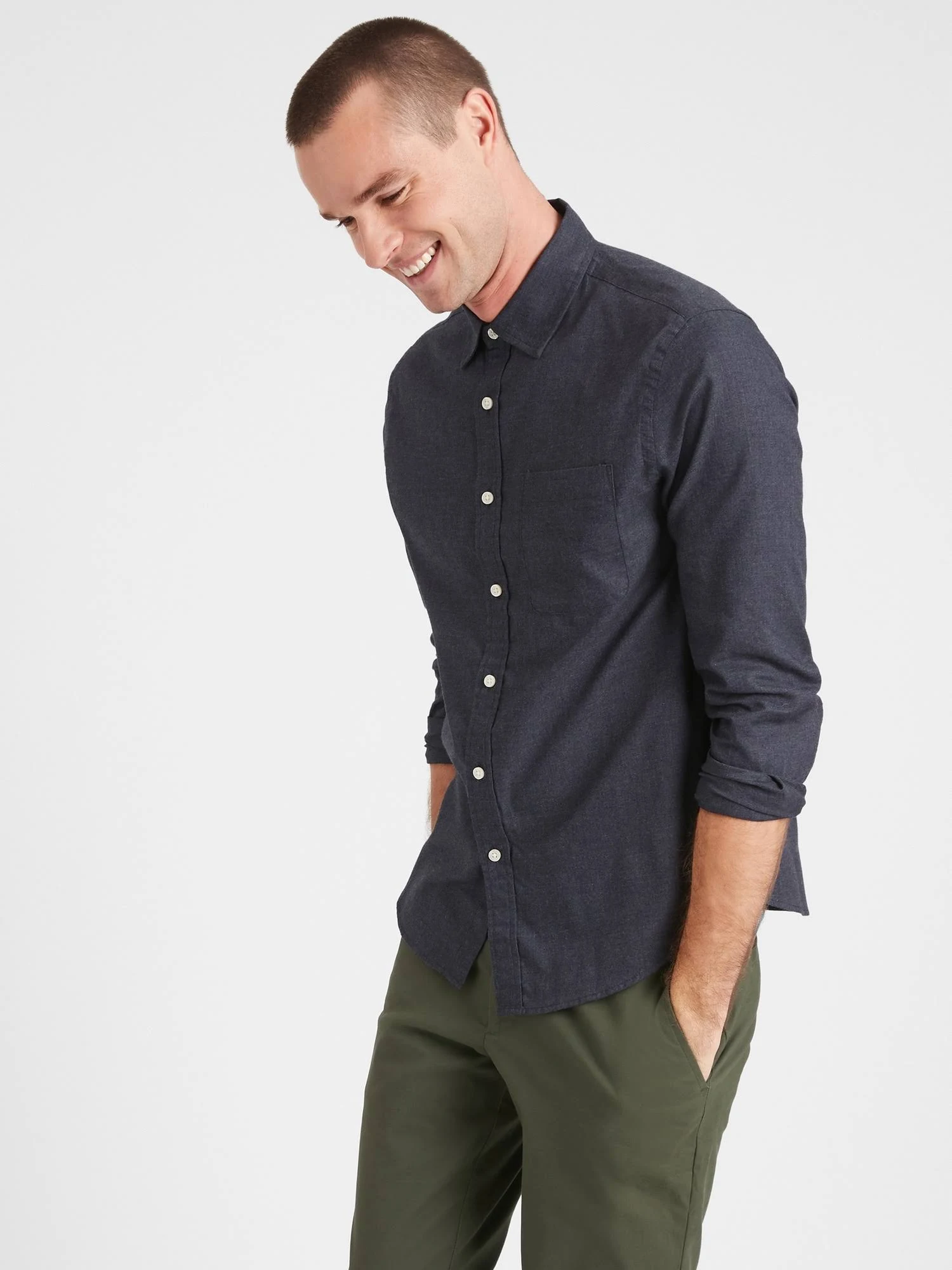 Men's Slim-Fit Untucked Flannel Shirt Navy