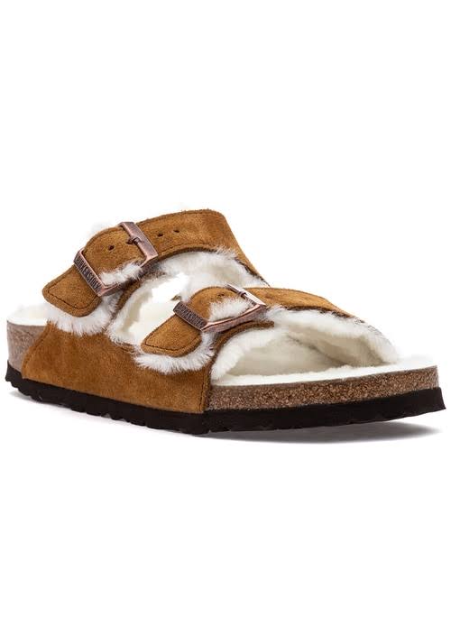 Birkenstock Arizona Suede Leather Mink Shearling Two-Strap Sandals