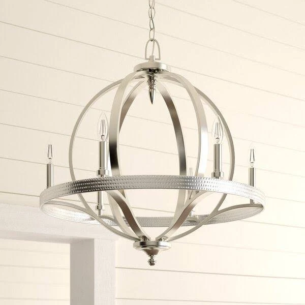 Bender 6 - Light Candle Style Wagon Wheel Chandelier with Wood Accents - Polished Nickel
