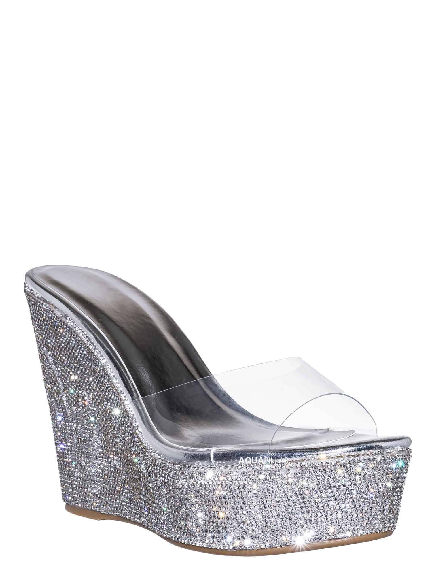 Bamboo Lucite Rhinestone Platform Wedge - Clear Transparent Slipper Sandal, Clear Silver