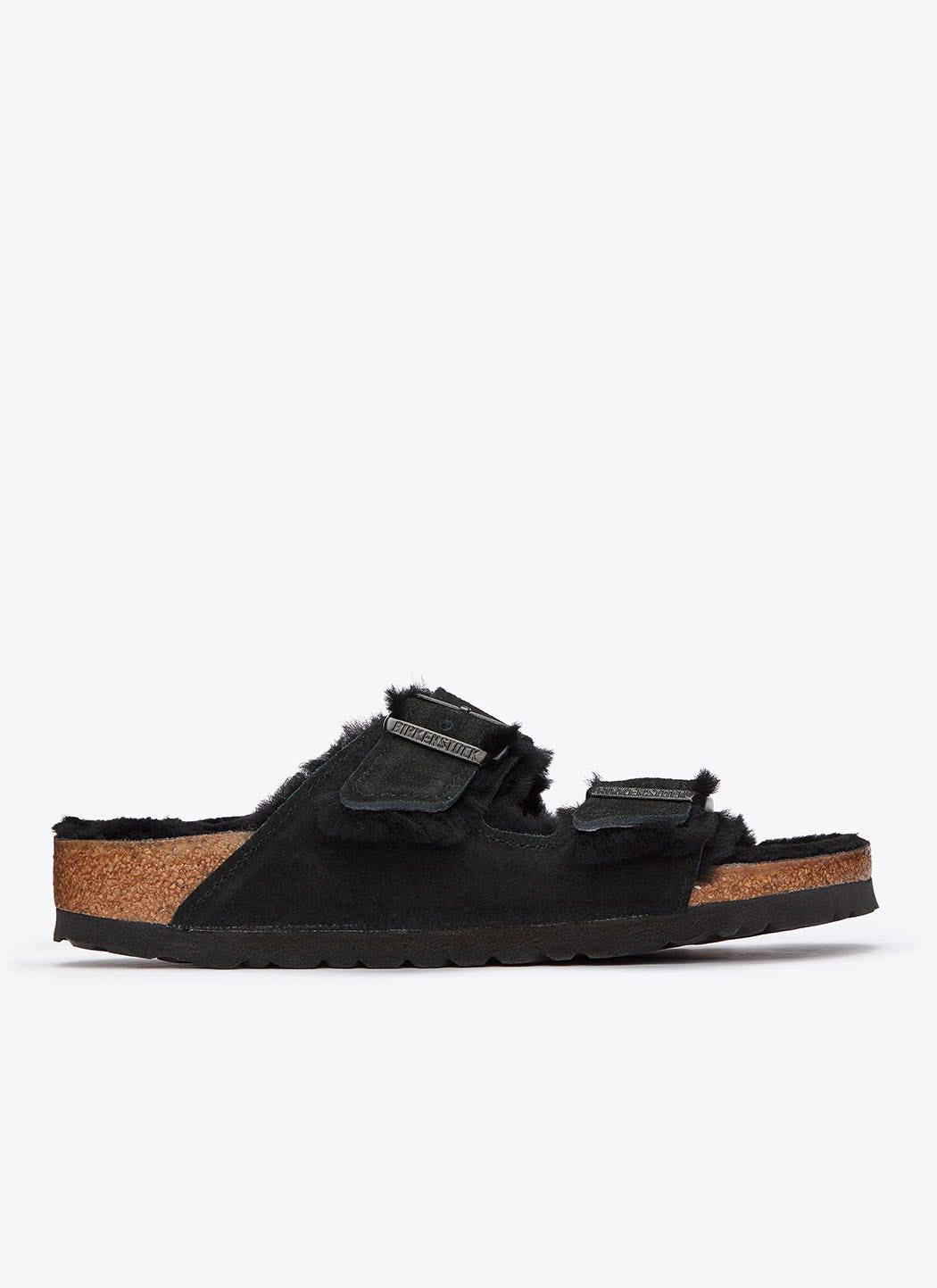 BIRKENSTOCK Arizona Suede Leather Black Shearling Two-Strap Sandals
