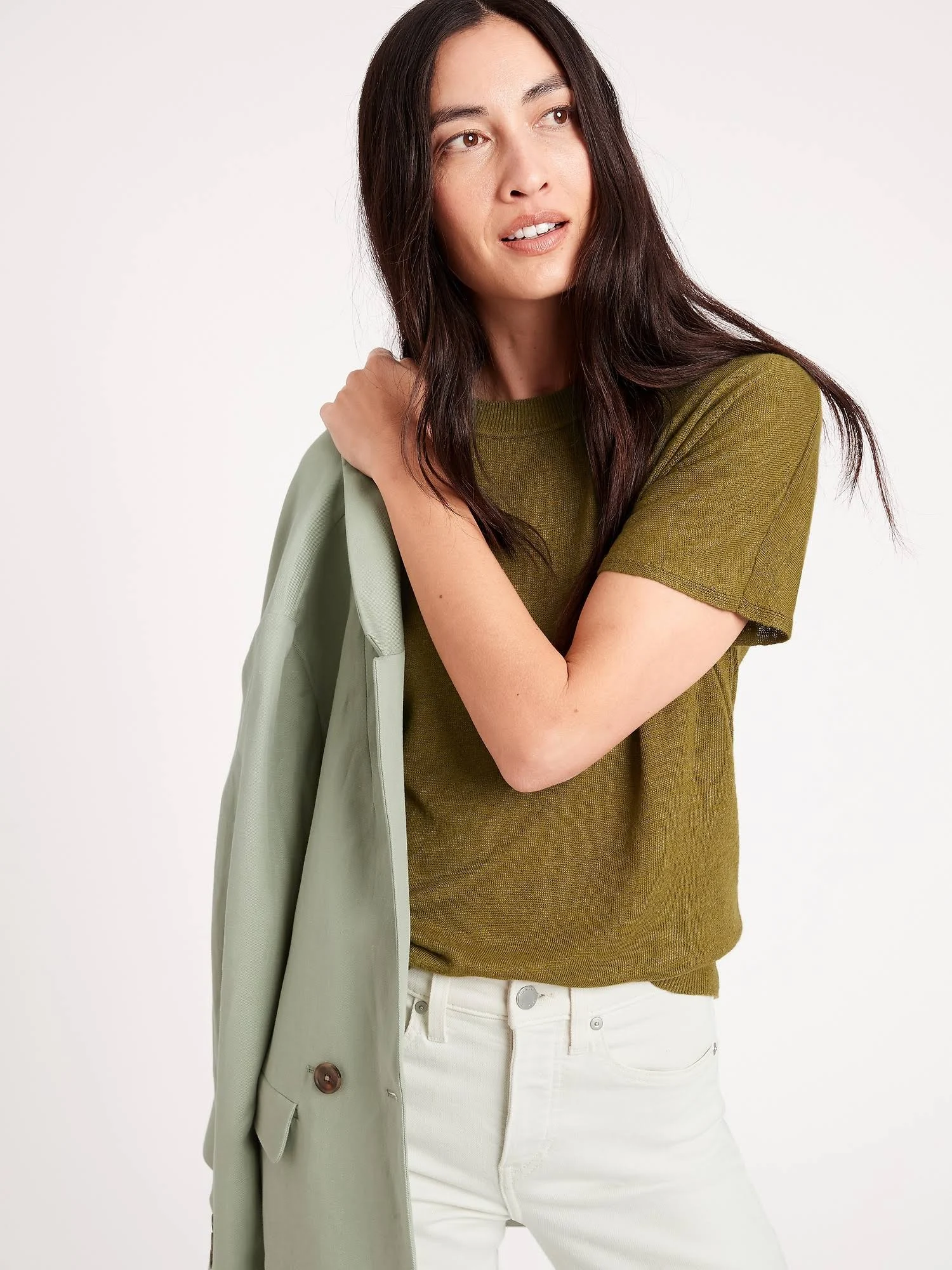 Banana Republic Women's Linen-Blend Short-Sleeve Sweater Dark Palm Size S