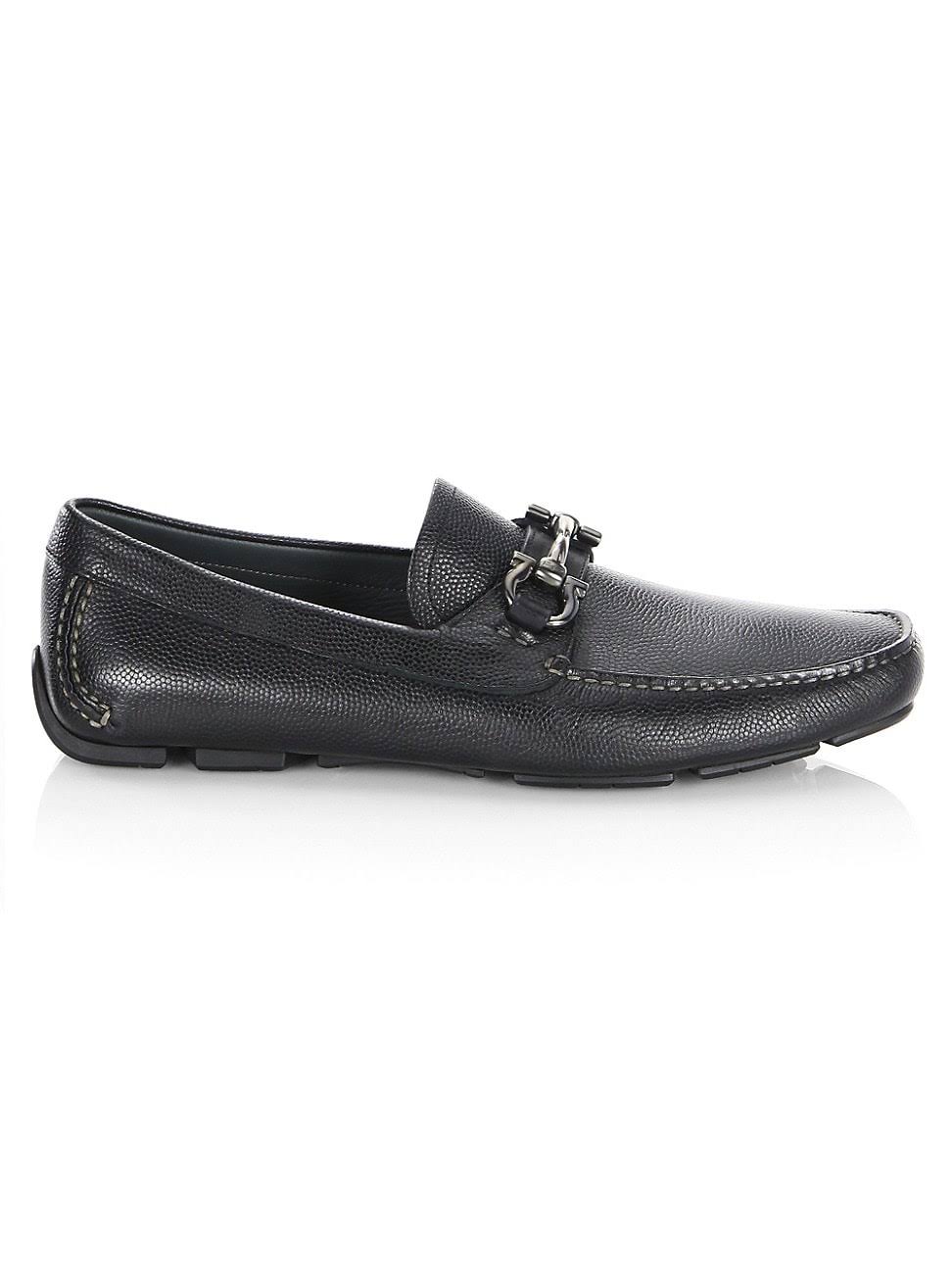 Salvatore Ferragamo Men's Parigi Double Gancini Bit Pebbled Leather Loafers - 13EE / Nero Black