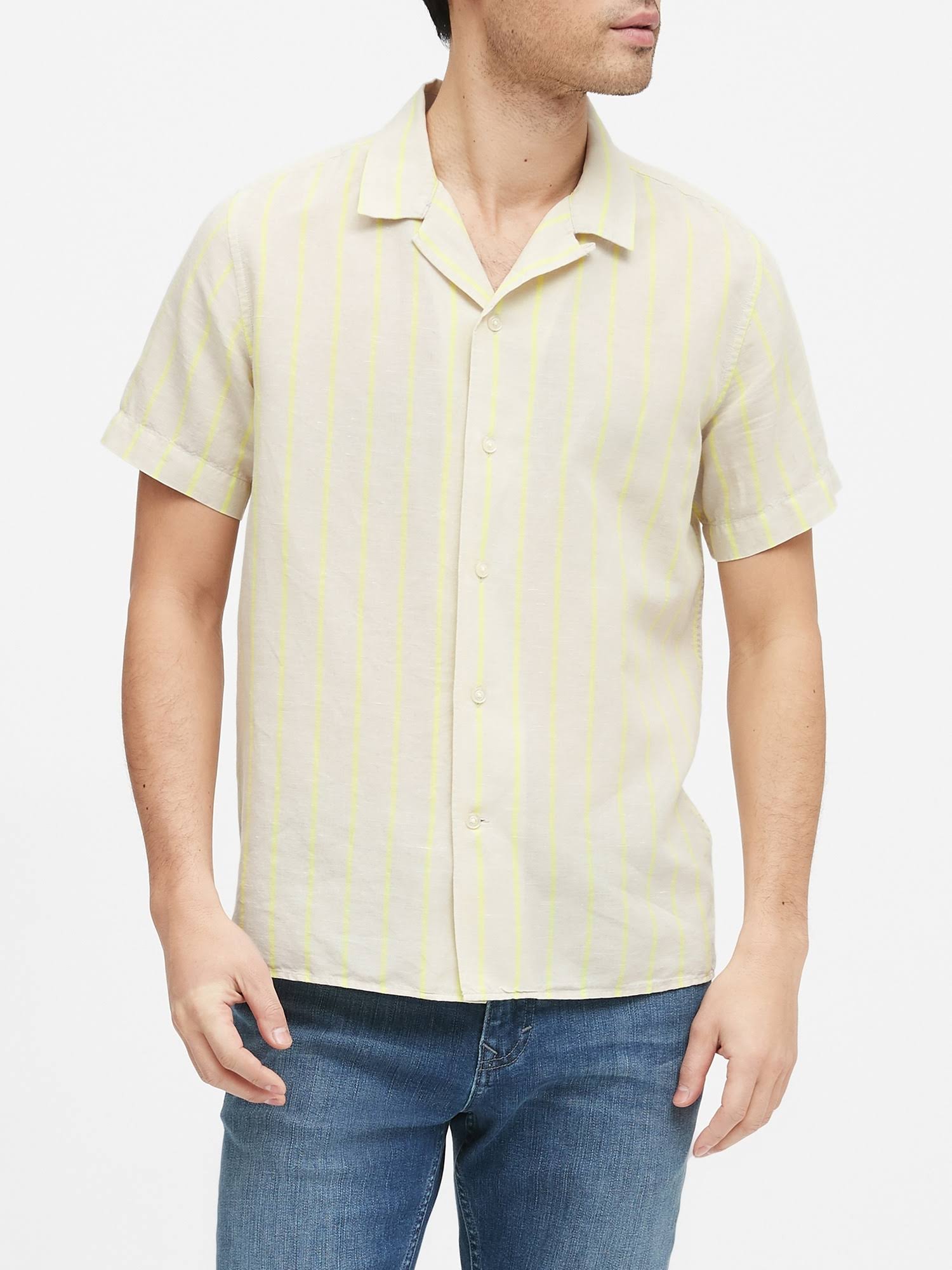 Banana Republic Men's Slim-Fit Linen Resort Shirt Neon Yellow Size XL