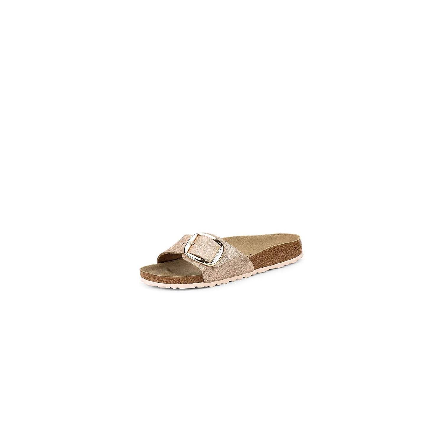 Birkenstock Madrid Big Buckle Washed Metallic Rose Gold Leather Mules