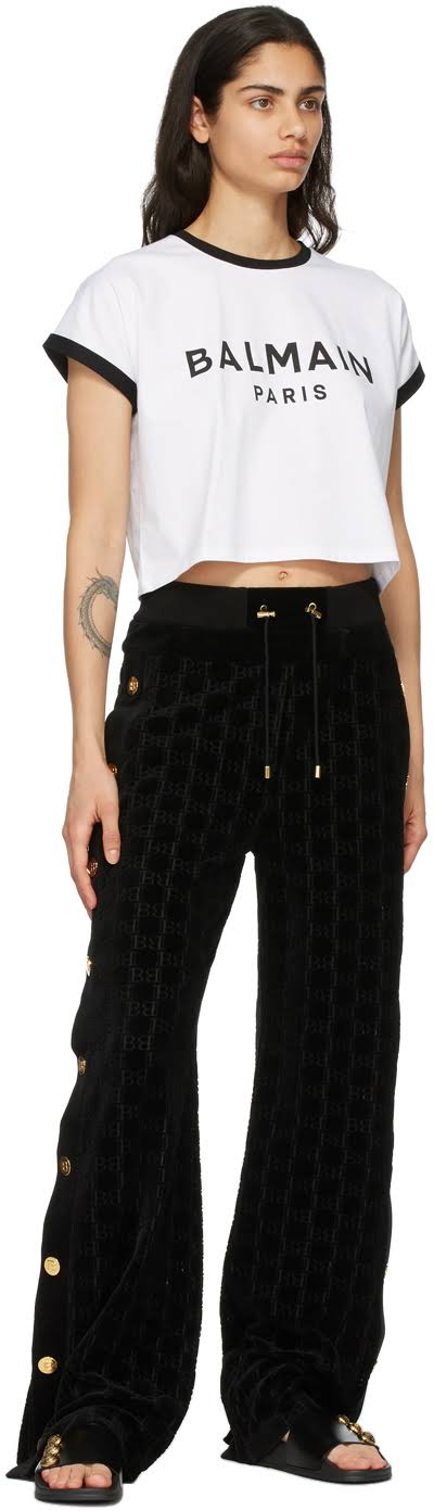Balmain White & Black Cropped Flocked Logo T-Shirt
