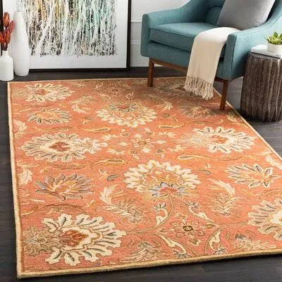 Aaron Floral Hand Knotted Wool Terracotta Area Rug Birch Lane Rug Size: Rectangle 4& x 6&