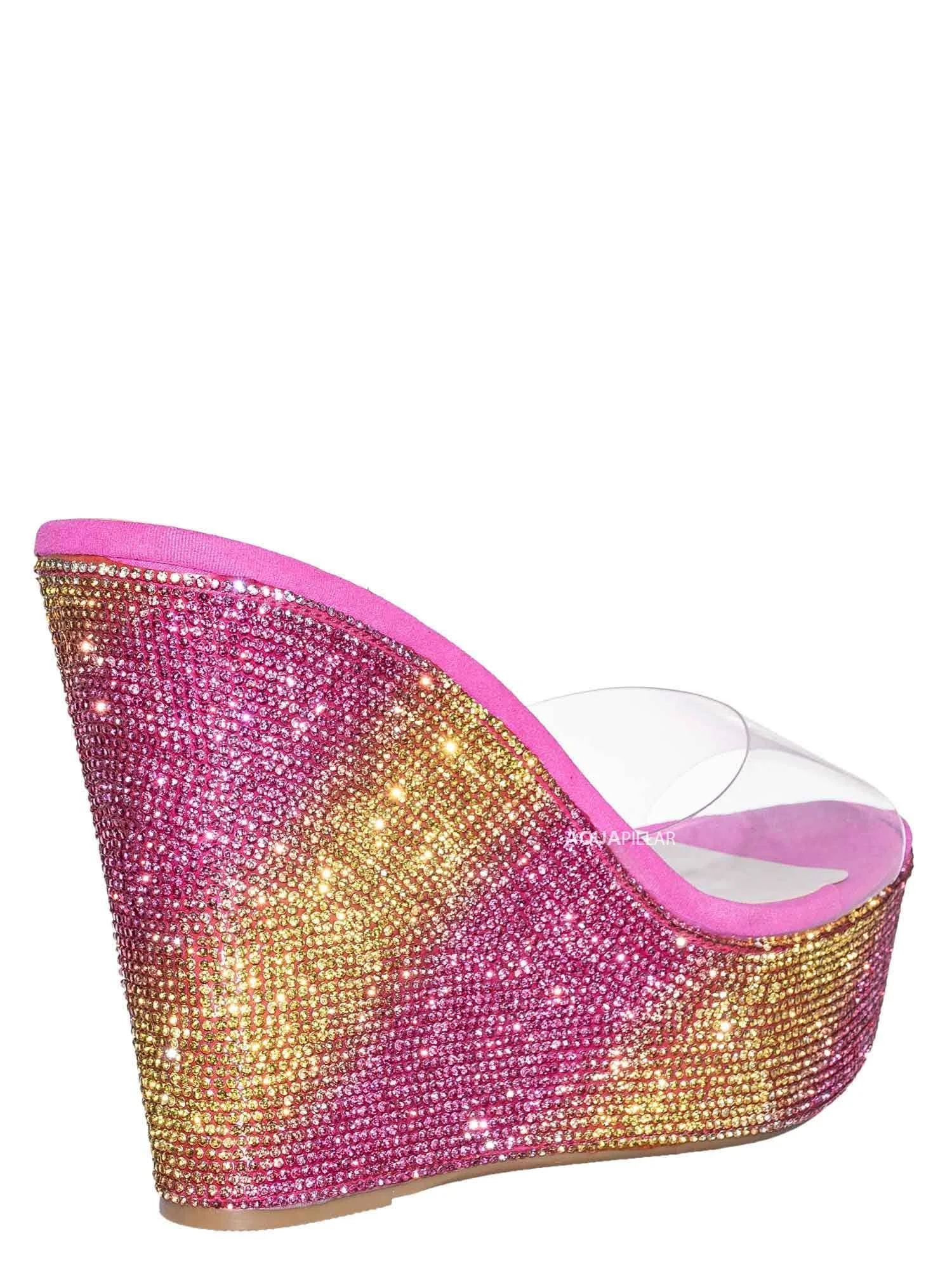 Bamboo Lucite Rhinestone Platform Wedge - Clear Transparent Slipper Sandal, Pink and Yellow