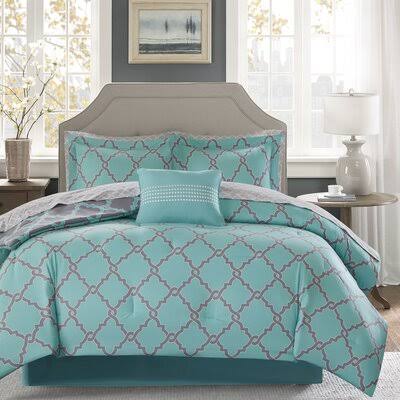 Willa Arlo Interiors Reversible Comforter Set Size: Queen Comforter + 8 Additional Pieces, Color: Aqua/Gray