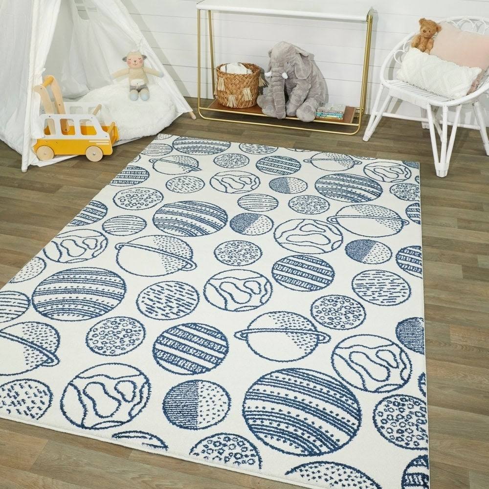 Taylor & Olive Planets Rug for Kids Boys and Girls - 5&3x22 x 7& - Blue/White
