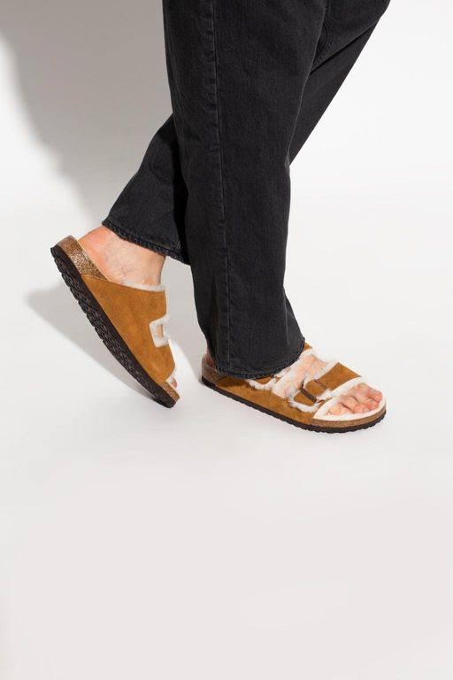 Birkenstock Arizona Suede Leather Mink Shearling Two-Strap Sandals