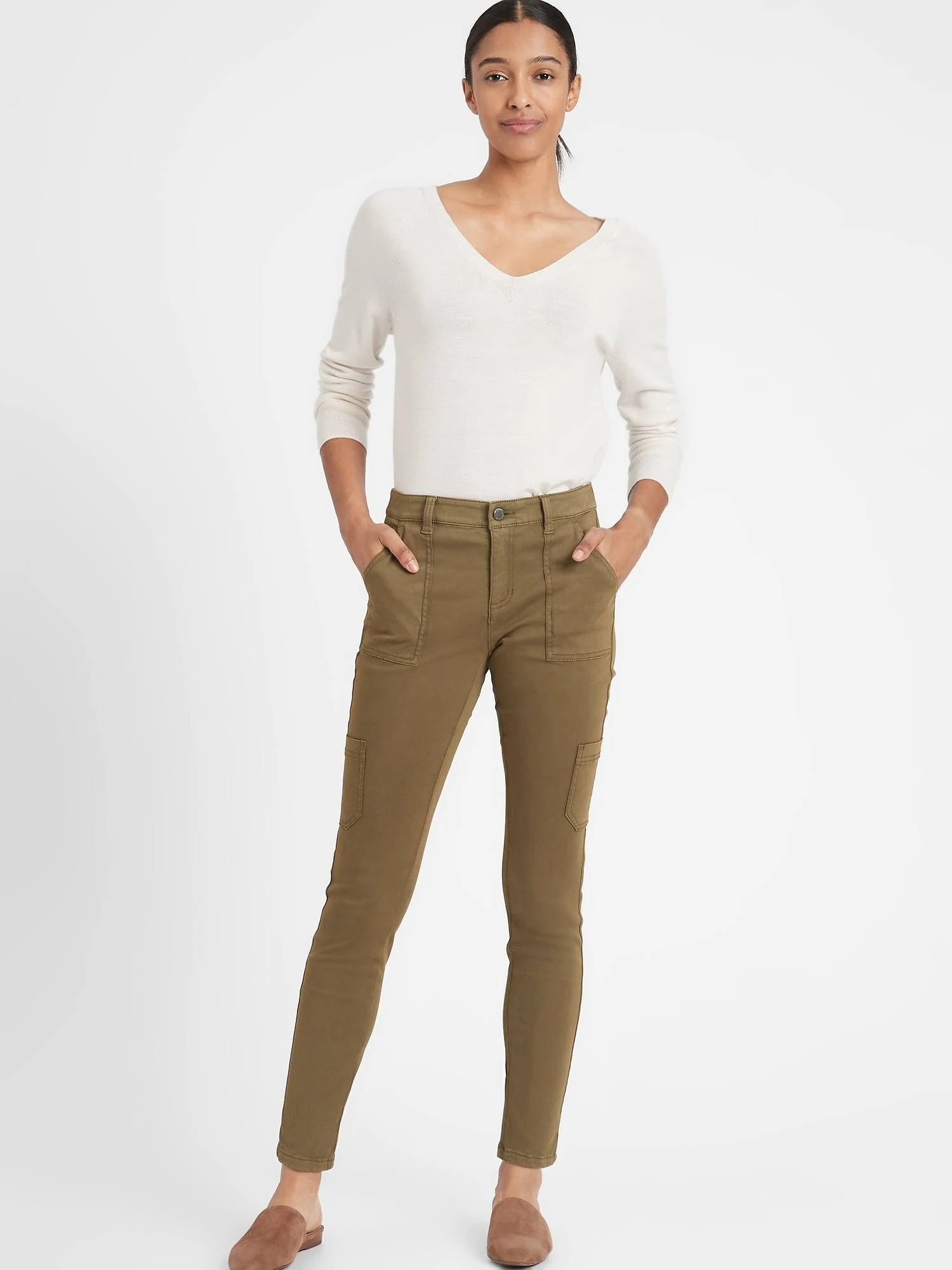 Banana Republic Women's Mid-Rise Skinny Cargo Chino Pant Olive Green Size 0 Short