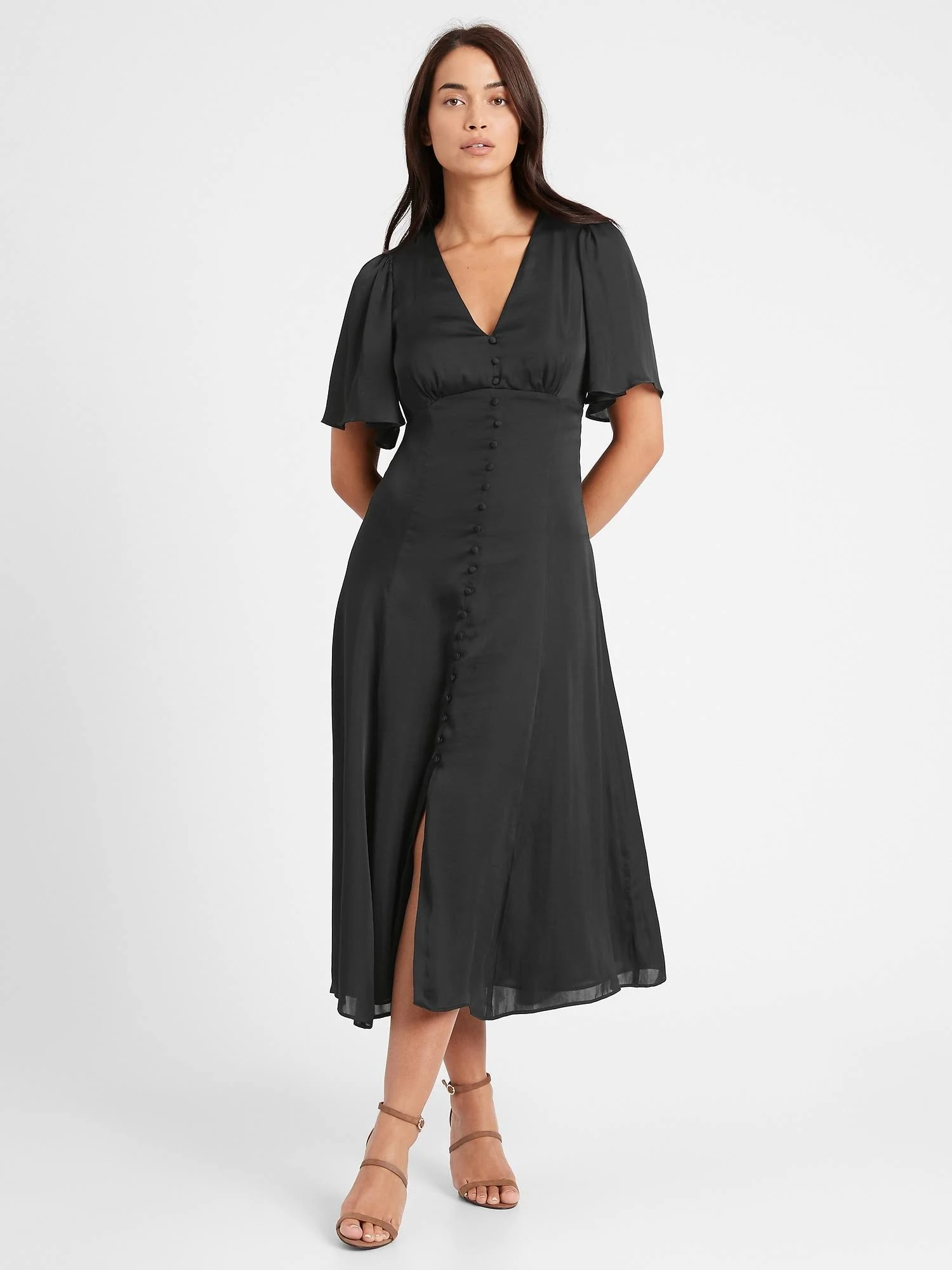 Banana Republic Women's Satin Flutter-Sleeve Midi Dress Black Size 0
