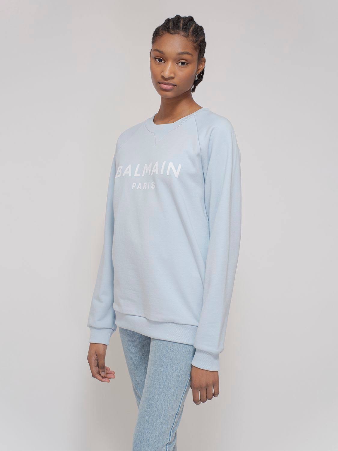 Balmain | Women Logo Printed Cotton Sweatshirt Light Blue/White M