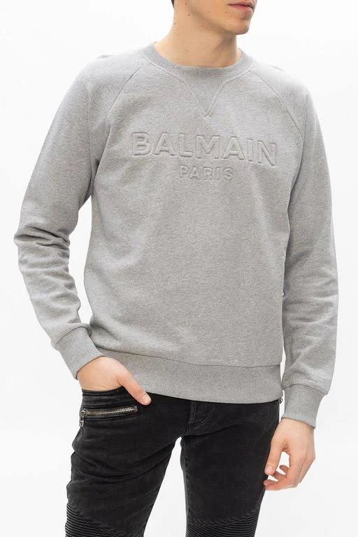 Balmain Mens Grey Logo-embossed Crewneck Cotton-jersey Sweatshirt XL