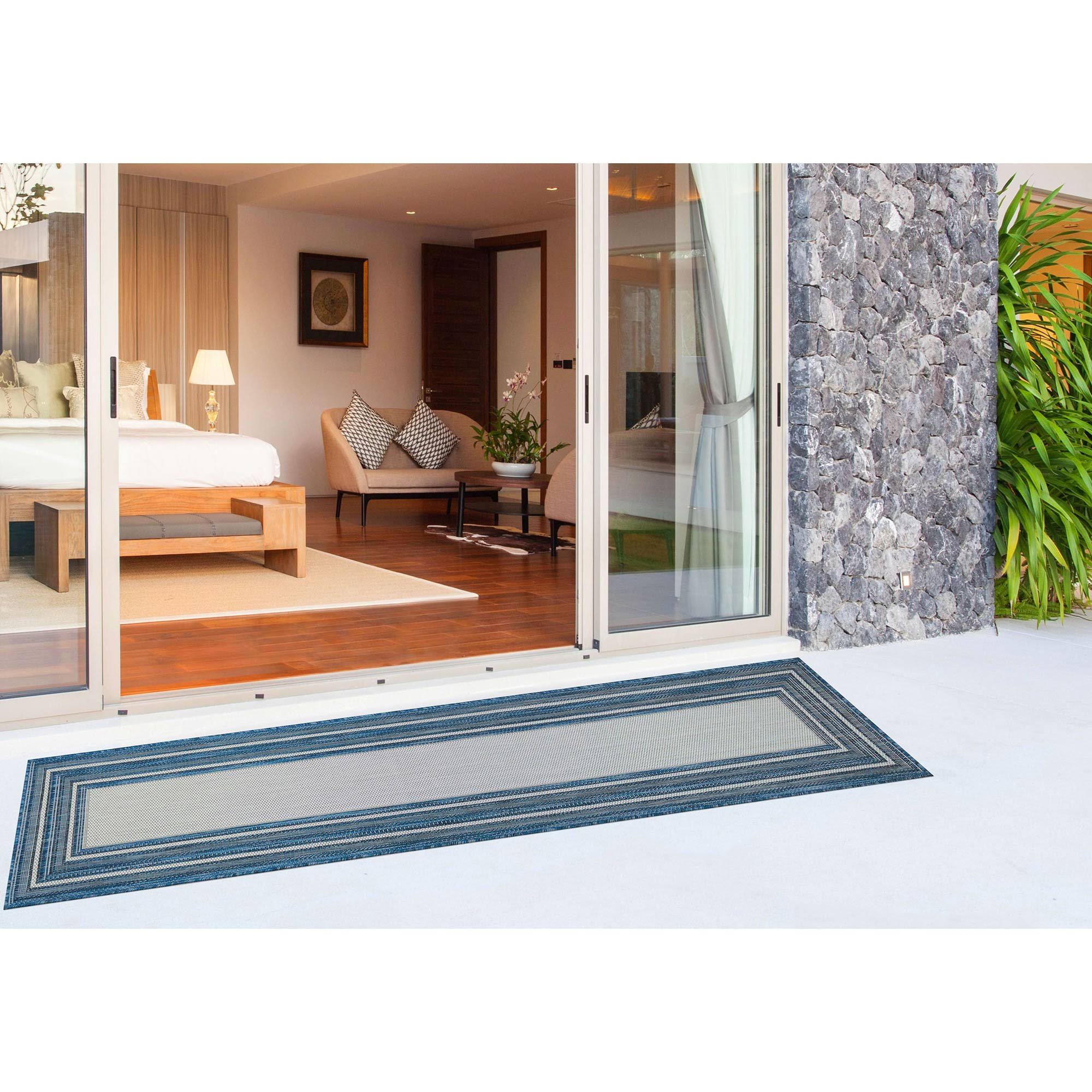 Liora Manne Carmel Multi Border Indoor/Outdoor Rug - Navy 4&10x22 x 7&6x22