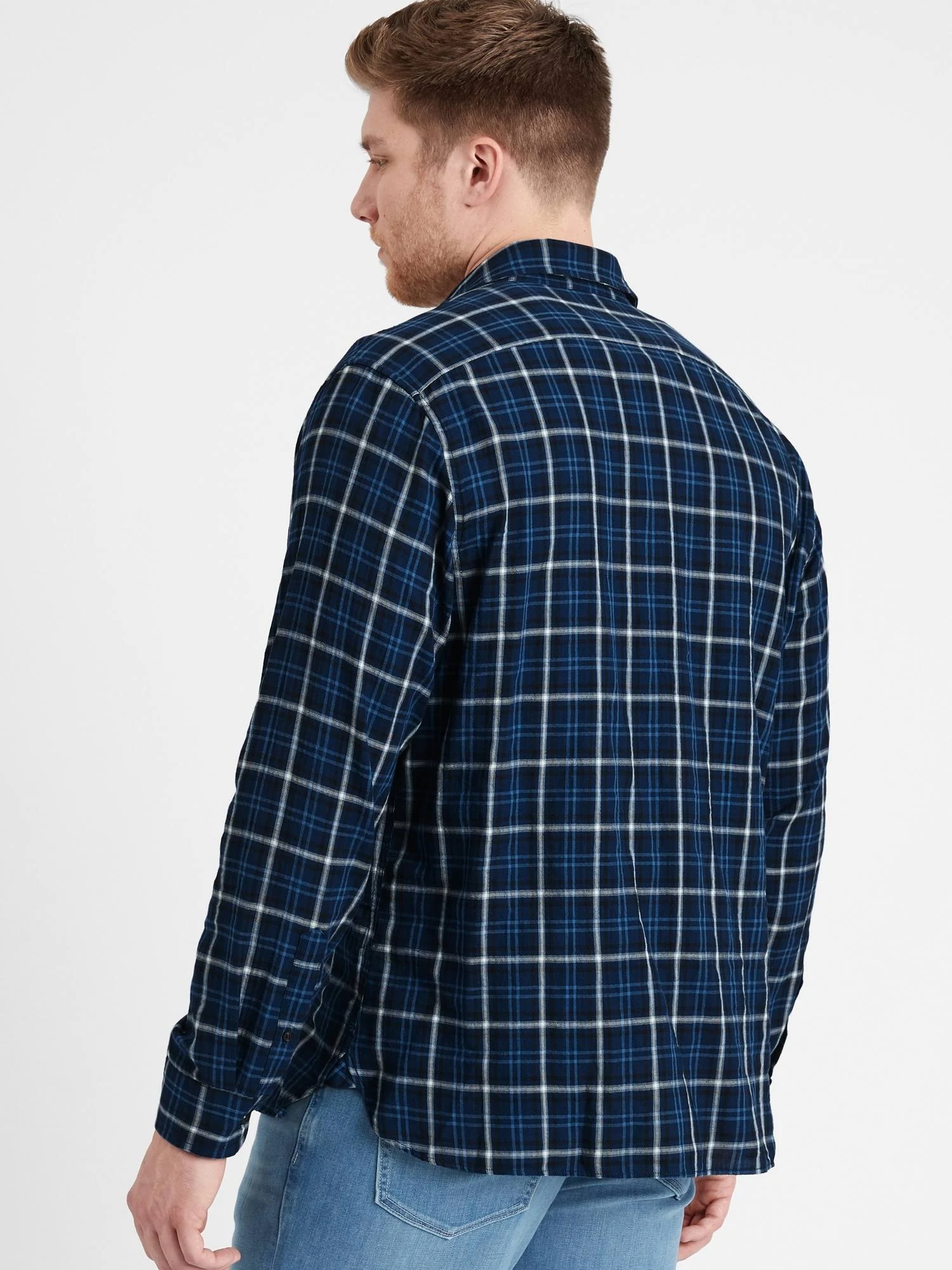 Banana Republic Men's Untucked Slim-Fit Crinkle Flannel Shirt Navy Plaid Tall Size L