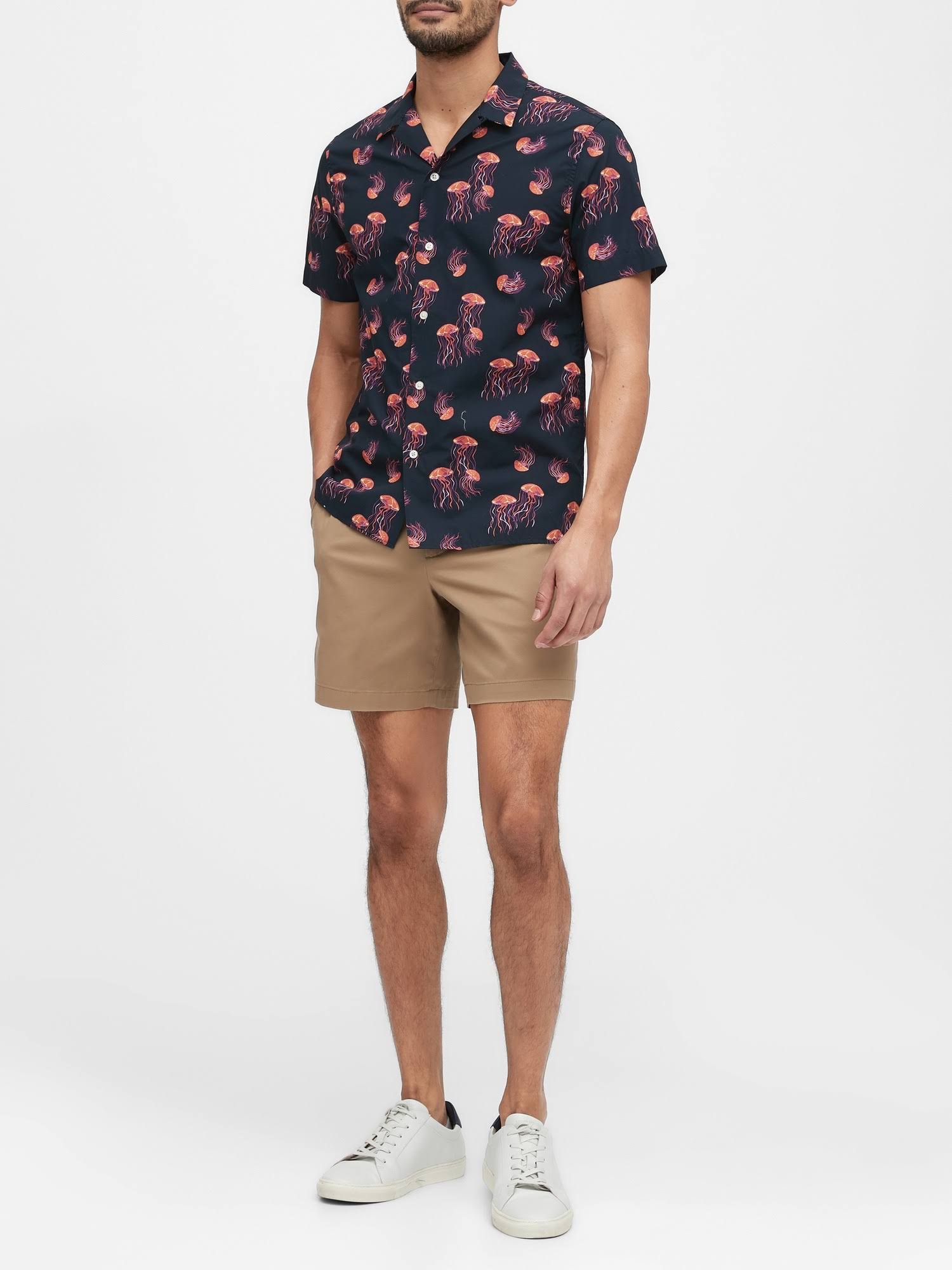 Banana Republic Men's Slim-Fit Luxe Poplin Resort Shirt Navy Jellyfish Print Size M
