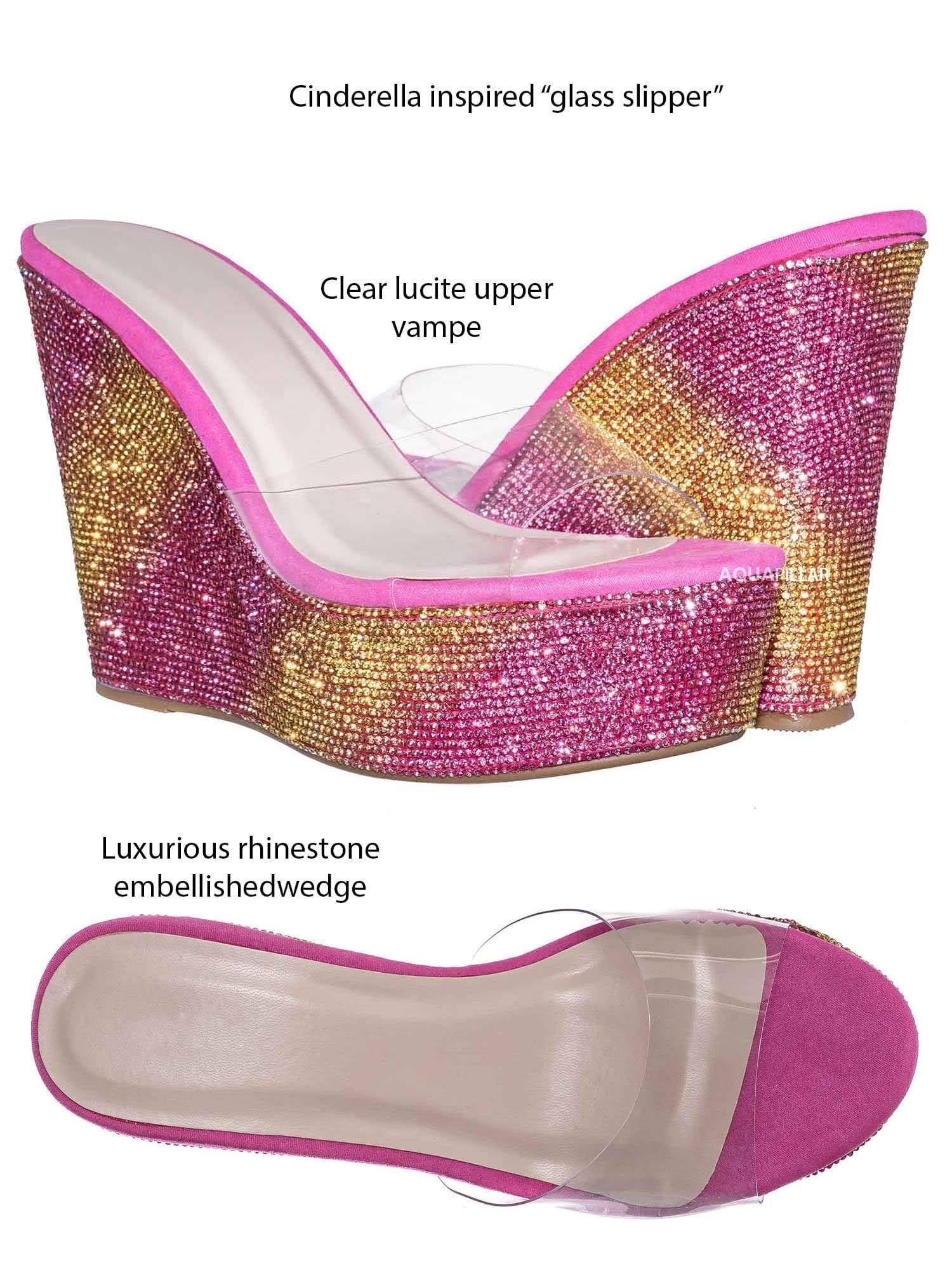 Bamboo Lucite Rhinestone Platform Wedge - Clear Transparent Slipper Sandal, Pink and Yellow