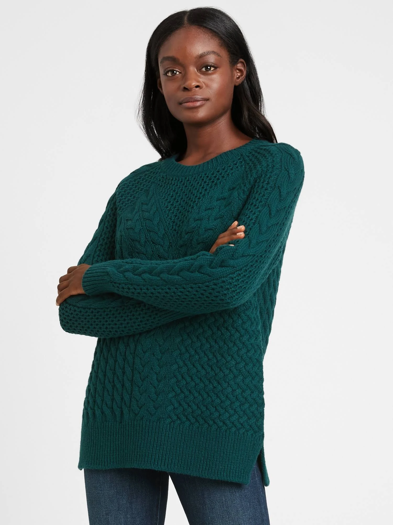 Banana Republic Women's Cable-Knit Sweater Tunic Glen Green Size Xs